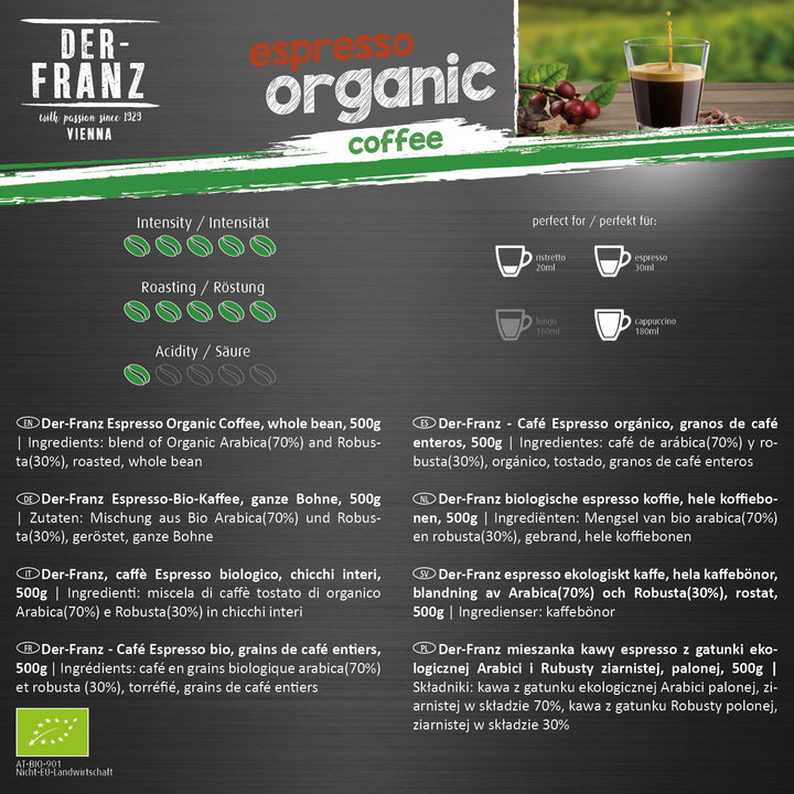 Der-Franz Espresso Organic Coffee, Whole Bean, 3 x 500 g