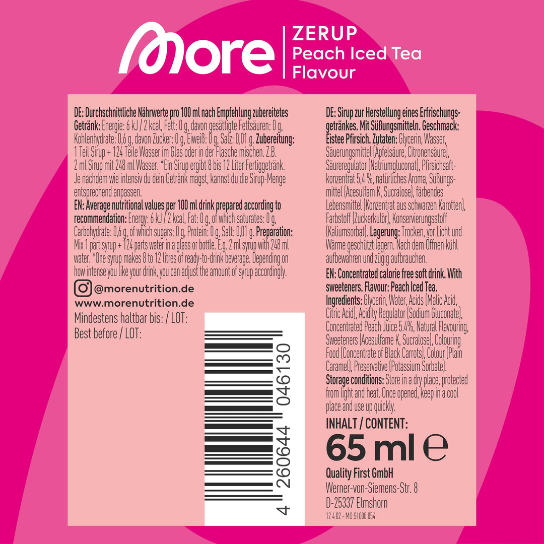 MORE Zerup Peach Iced Tea Zero Calorie Syrup with Real Fruit Extracts, 65ml Concentrate