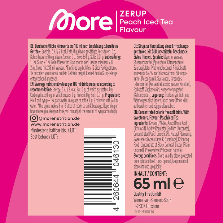 MORE Zerup Peach Iced Tea Zero Calorie Syrup with Real Fruit Extracts, 65ml Concentrate