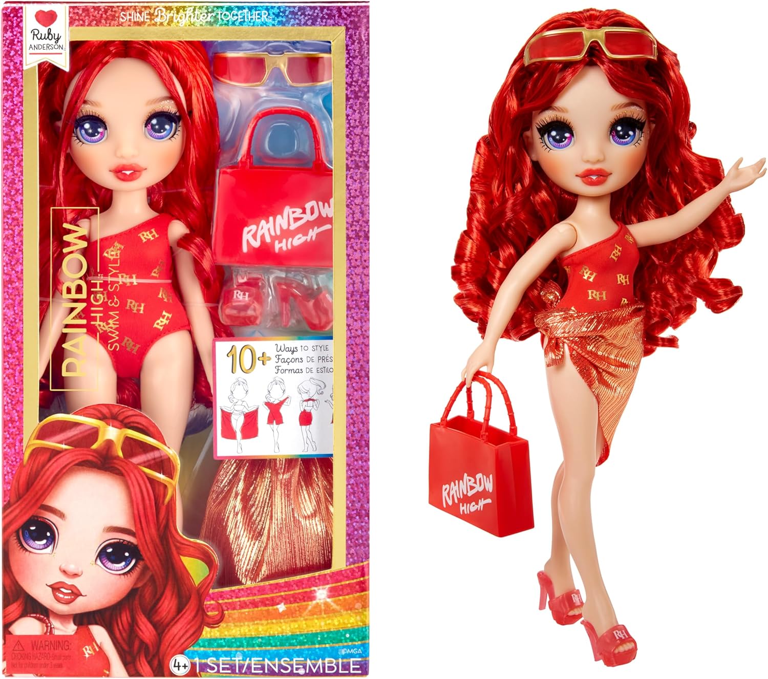 Rainbow High Swim & Style Ruby Doll - 28 cm Fashion Doll with Shimmery Wrap, Red Swimsuit & Accessories 1