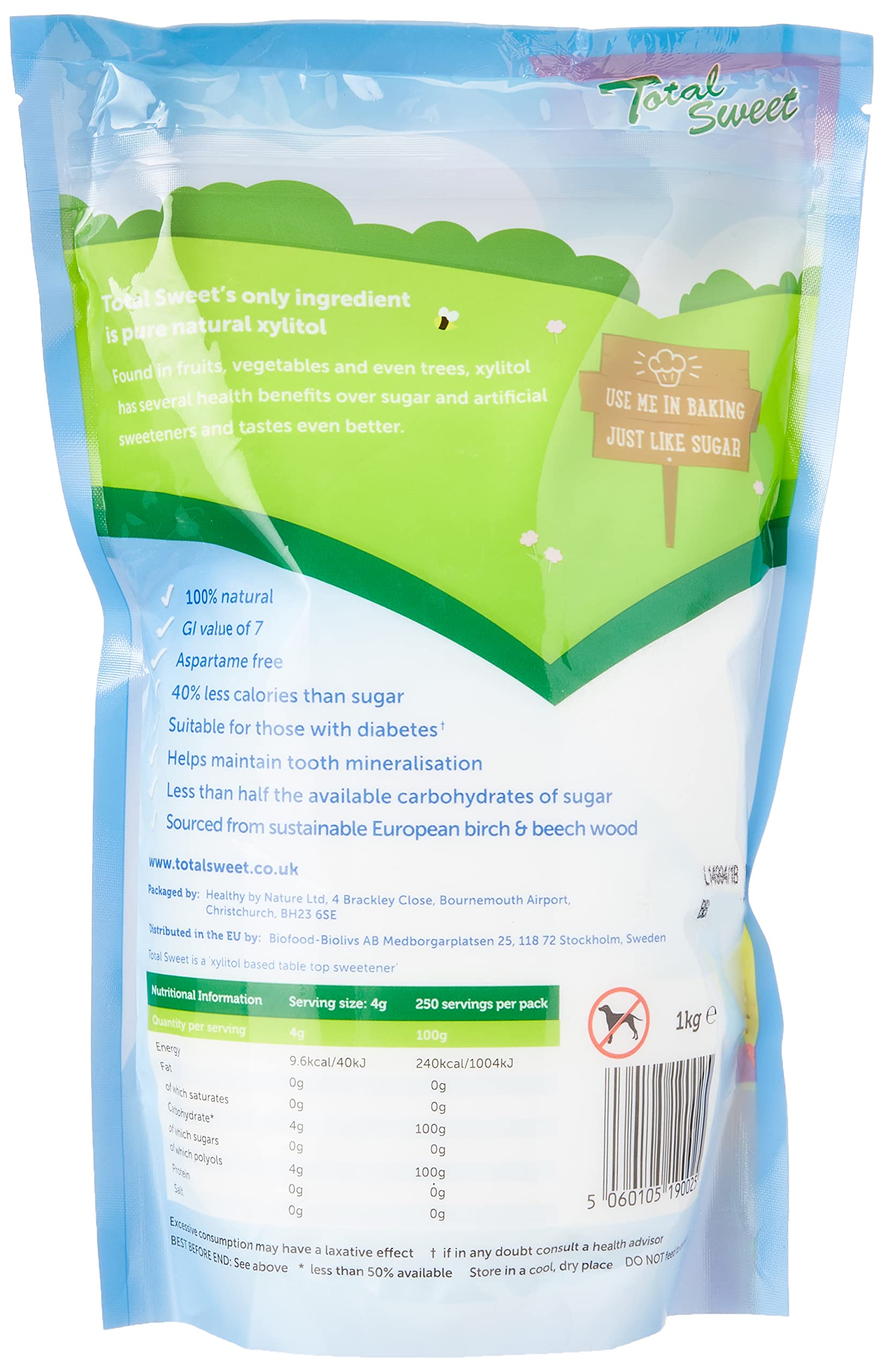 Total Sweet 100% Natural Xylitol Sweetener - 1kg Bag | Low GI (7) | Sugar Free