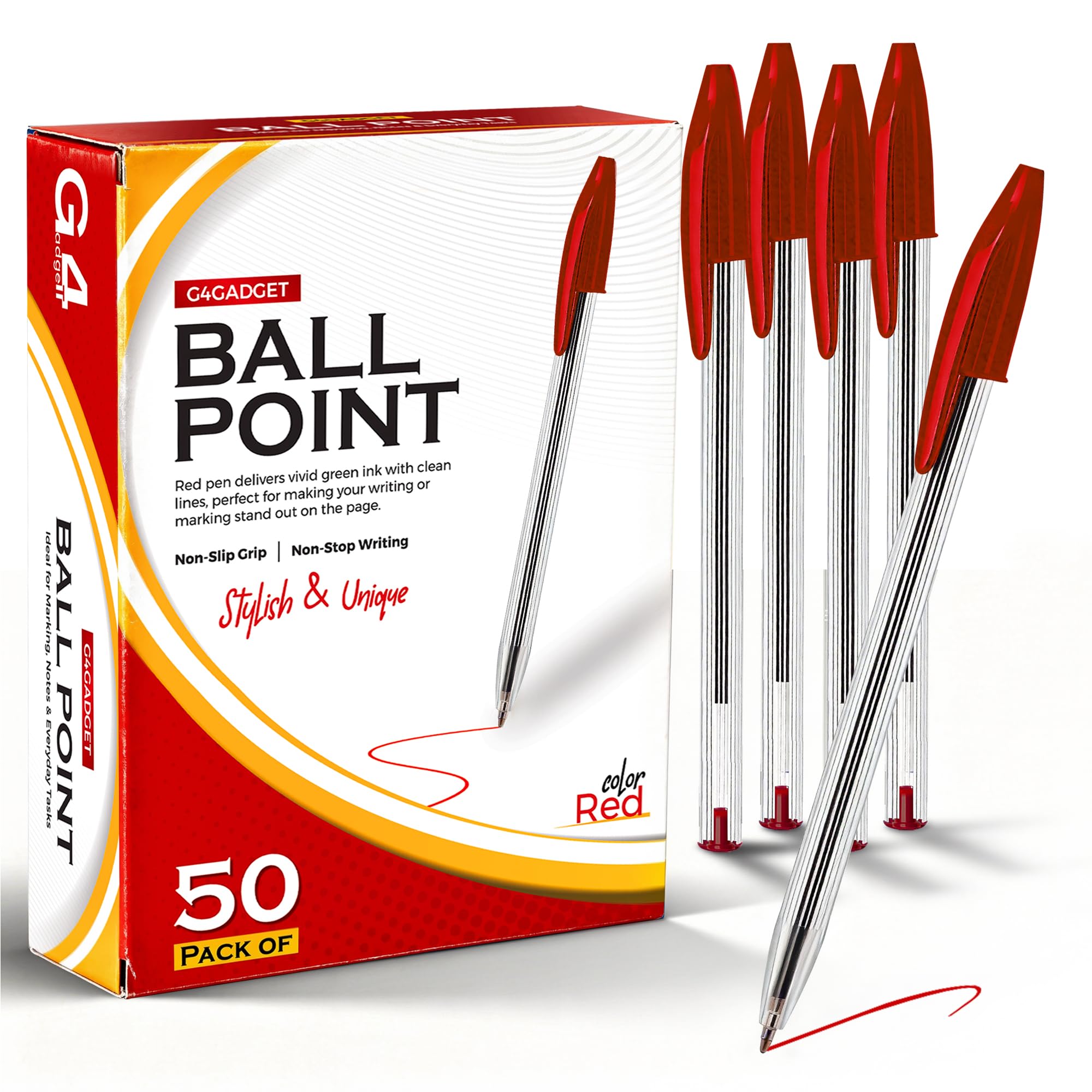 G4GADGET 50 Pack Stick Ballpoint Pens - Bold Red Ink, Medium Point, Lightweight | 0.5mm-0.7mm Line 1