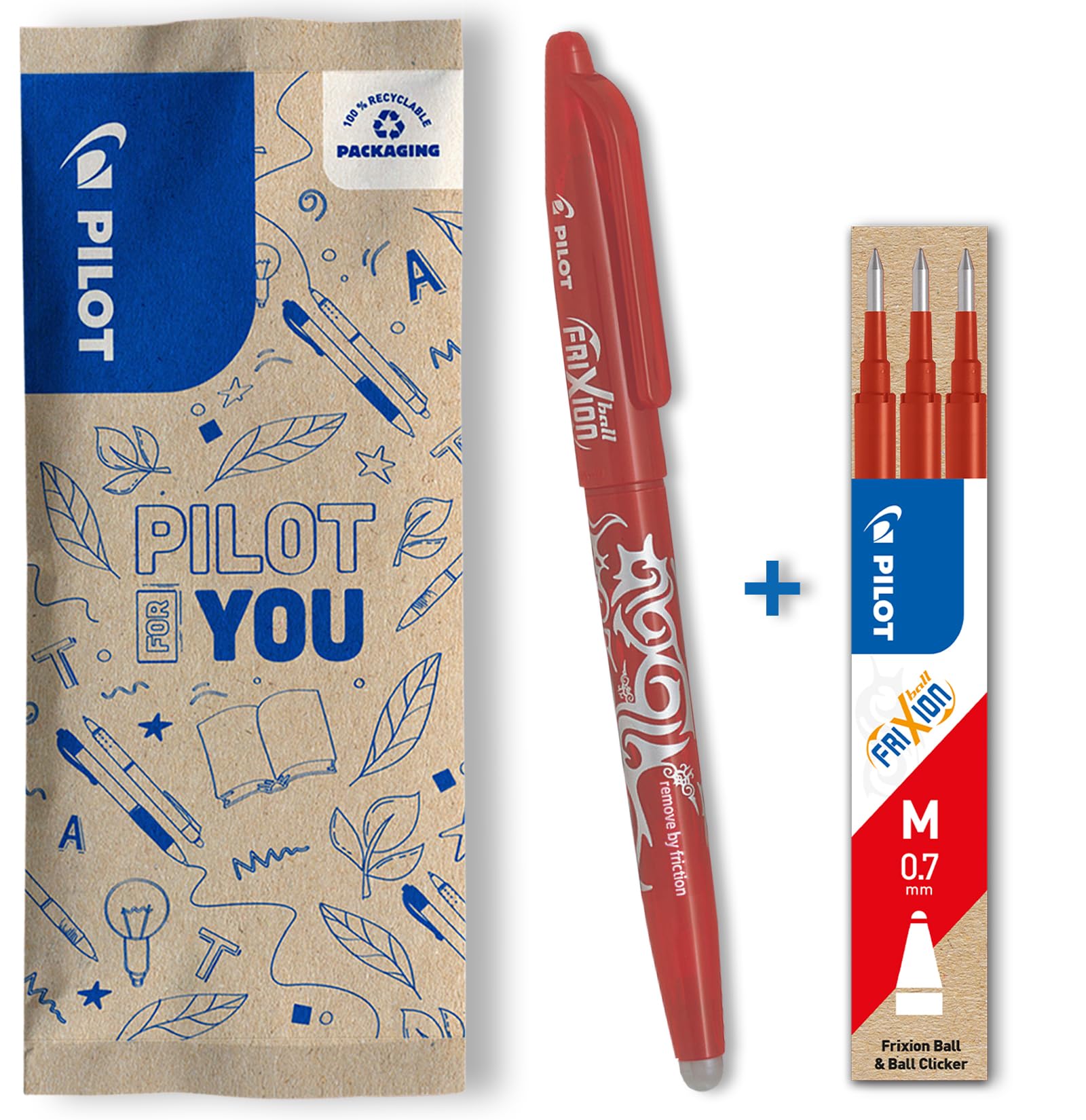 PILOT Frixion Ball 0.7 Erasable Rollerball Pen - Medium Point, Red Ink | Pack of 1 Pen + 3 Refills