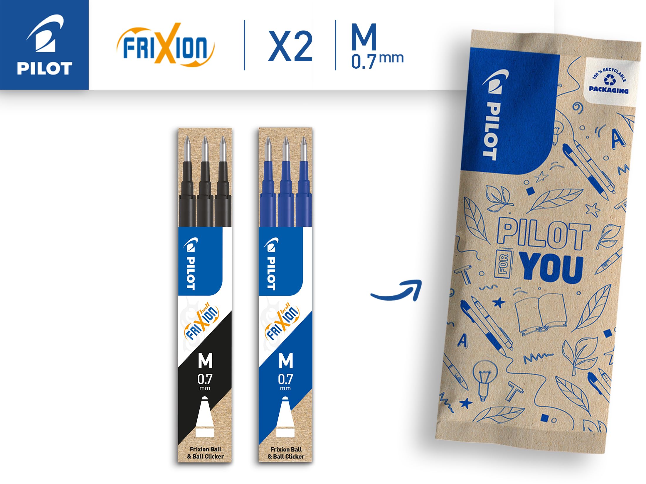 PILOT FriXion Erasable Rollerball Pen Refills - 0.7mm Tip, Set of 6 (Blue & Black) 2