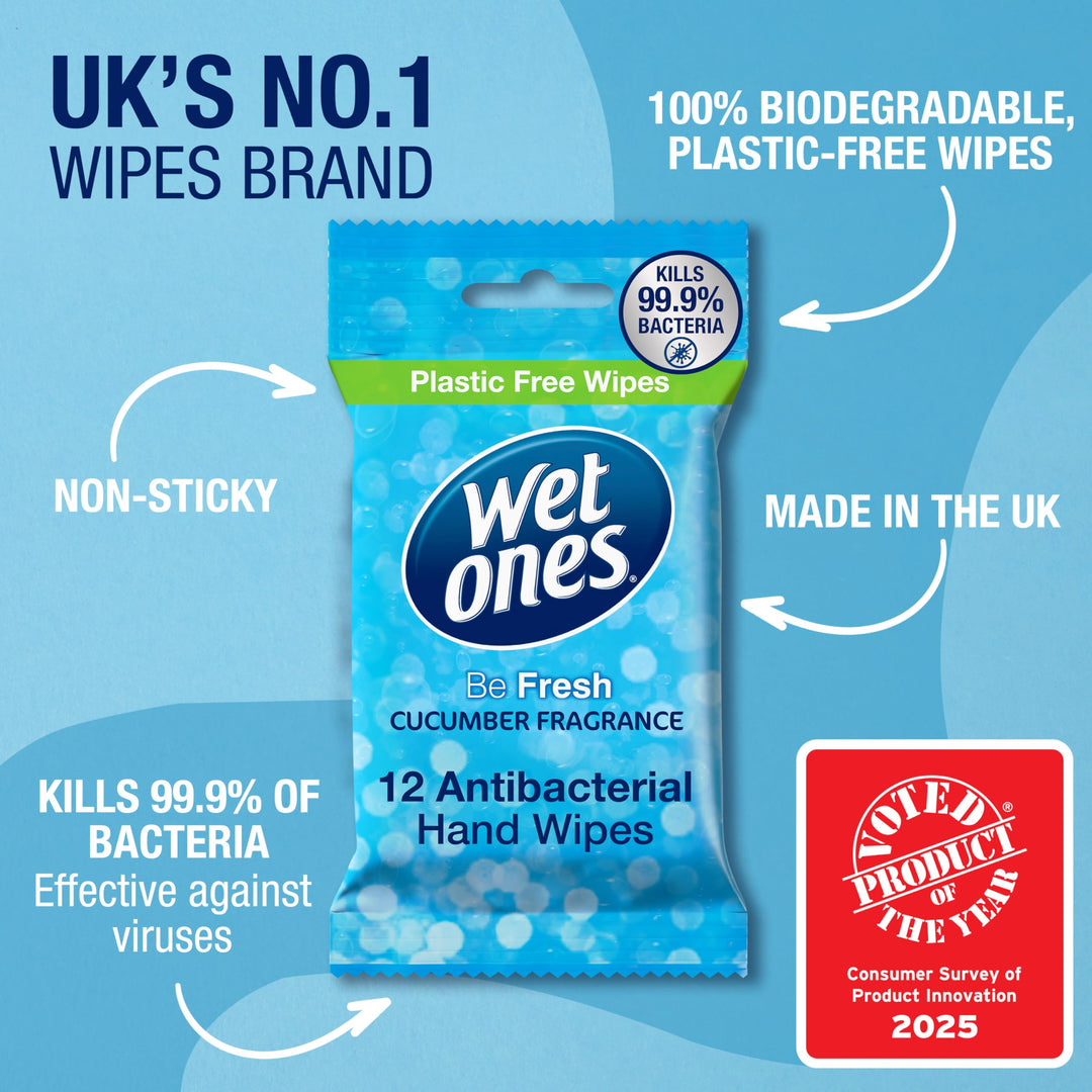 Wet Ones - Be Fresh Antibacterial Pocket Hand Wipes - Plastic Free, Biodegradable - 12 Packs x 12 Wipes (144 Total)