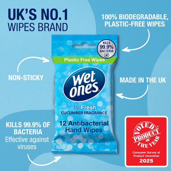 Wet Ones - Be Fresh Antibacterial Pocket Hand Wipes - Plastic Free, Biodegradable - 12 Packs x 12 Wipes (144 Total)