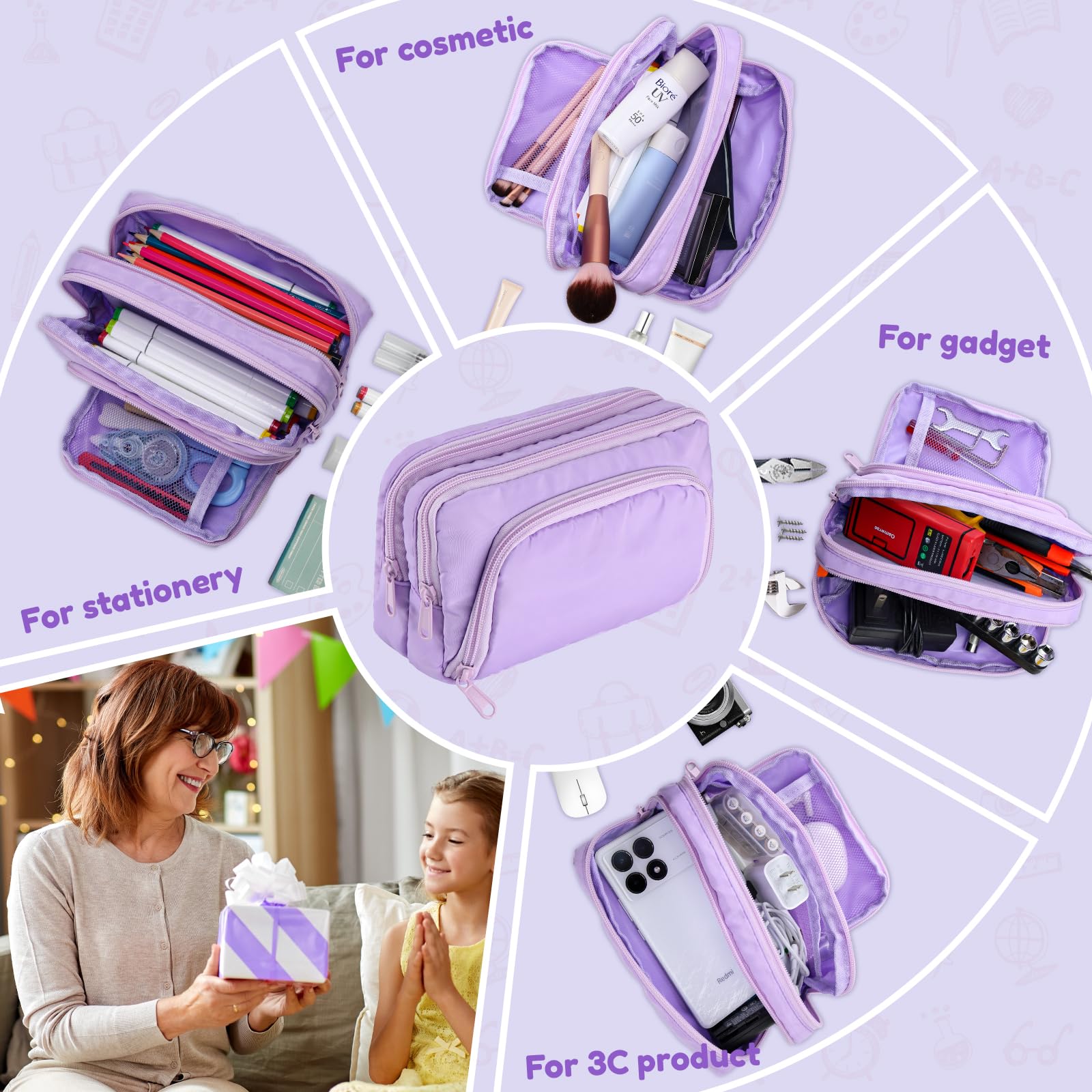 Euqvunn Large Capacity Pencil Case - 3 Compartments, Violet Polyester | 21x8x13CM 8