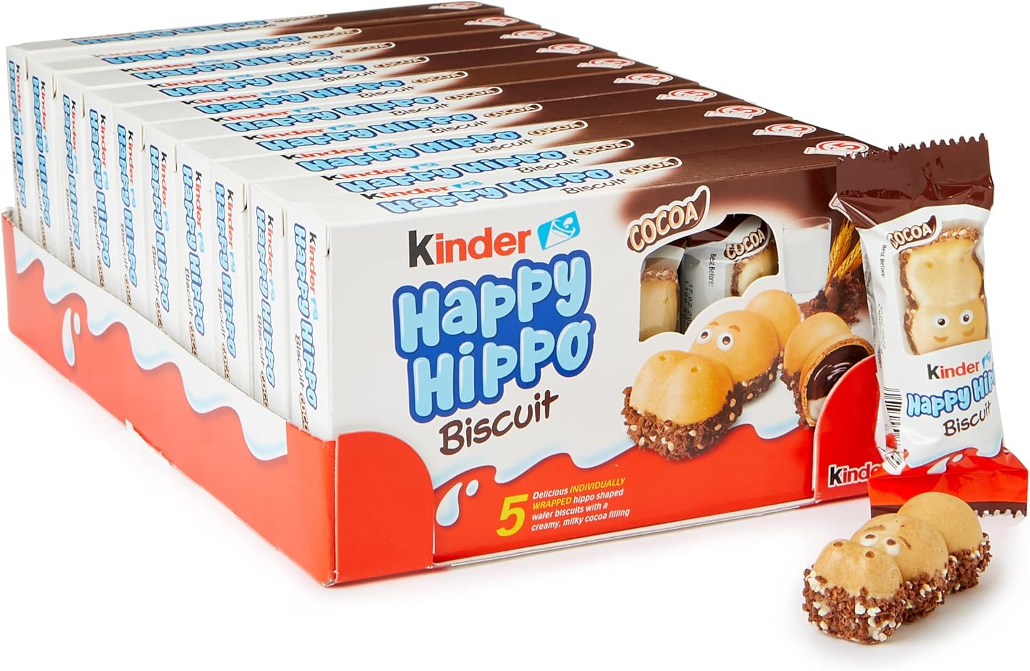 Kinder Happy Hippo Cocoa Crème - Hippo-Shaped Wafer Biscuit with Milky Cocoa Filling, 50 Biscuits (10 Packs x 5) 1