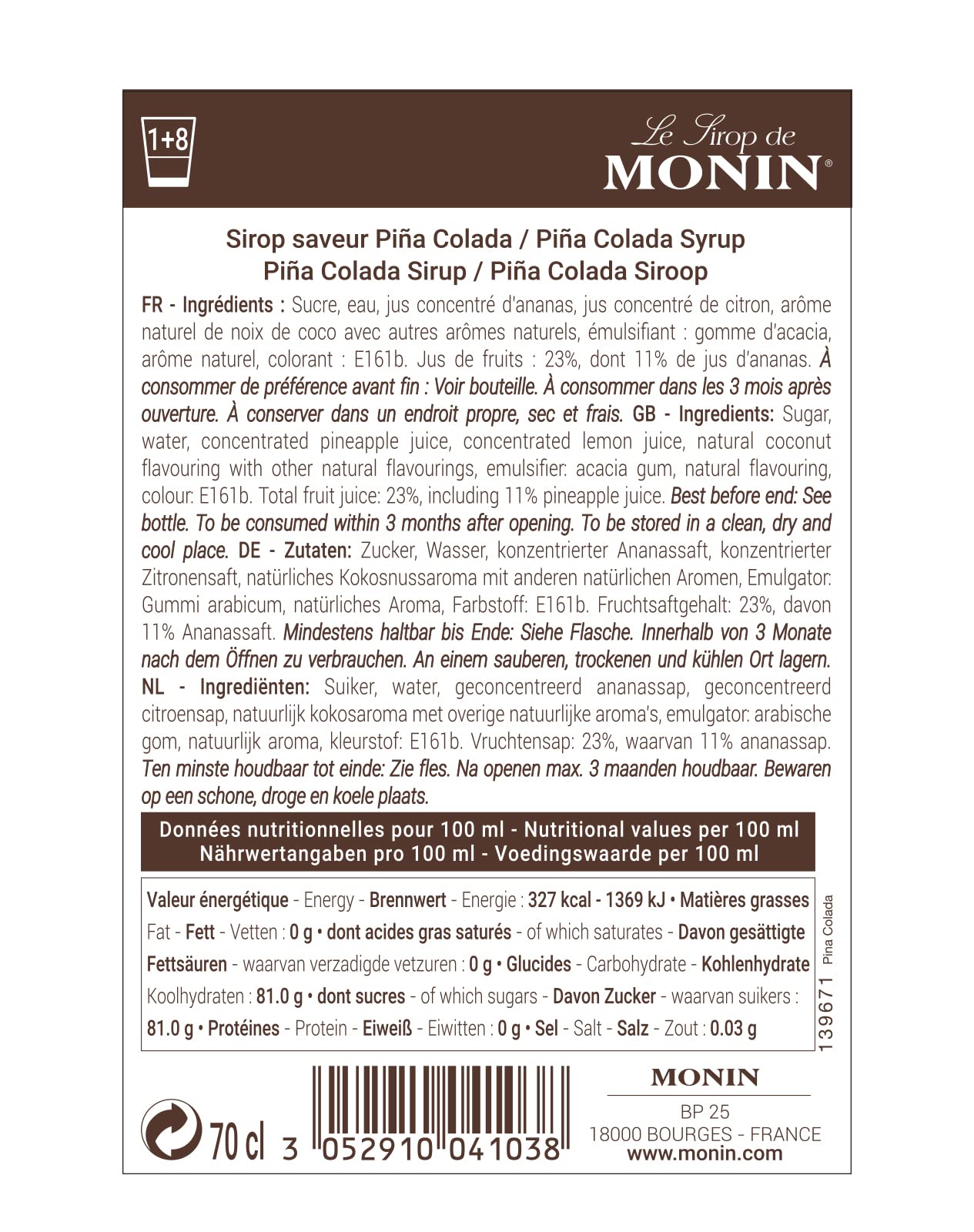 Monin Pina Colada Sirup 700ml Glasflasche 6
