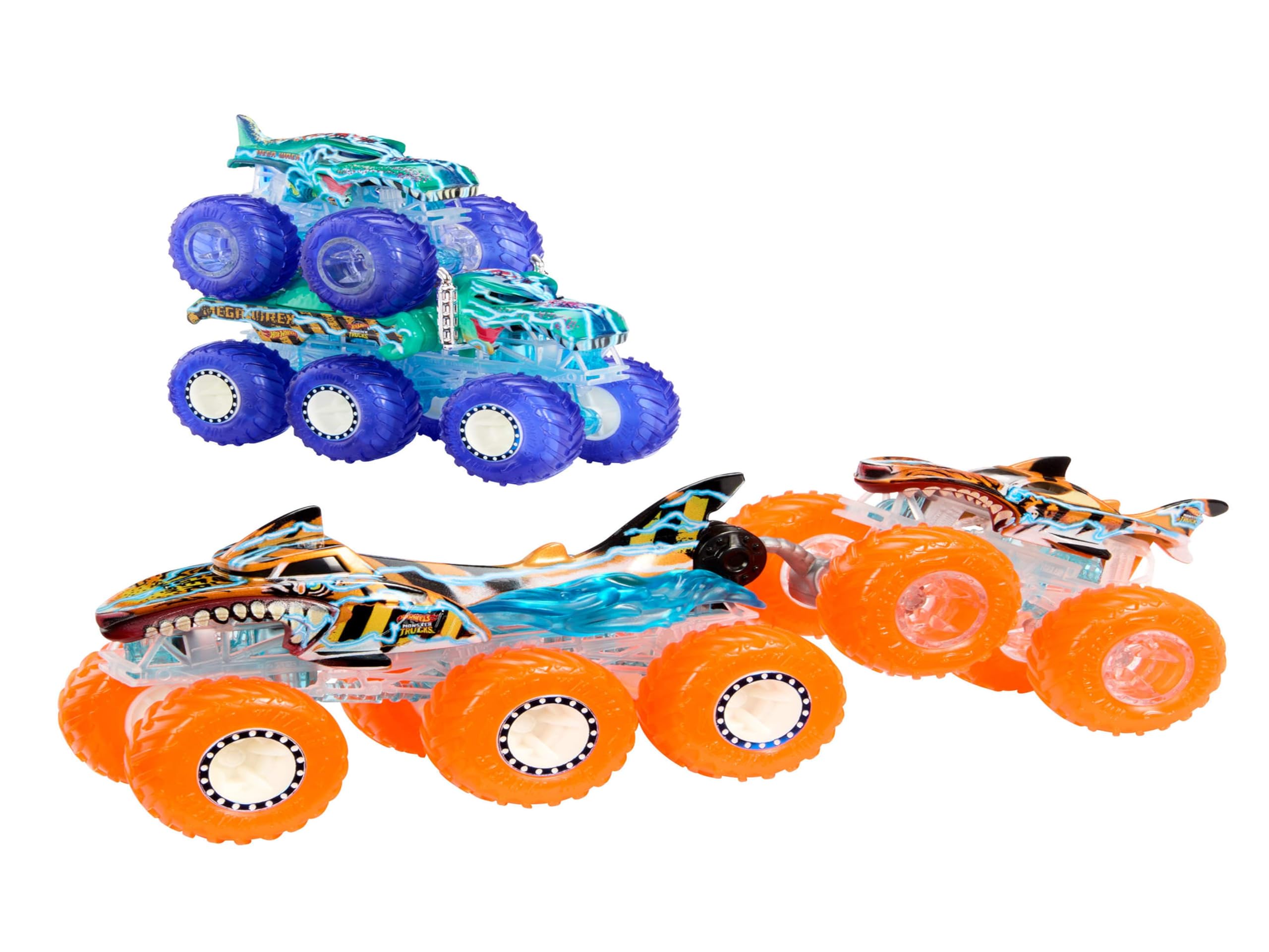 Hot Wheels Monster Trucks Multipack - Mega-Wrex & Tiger Shark 1:64 Scale Trucks with Big Rigs (HYJ29)