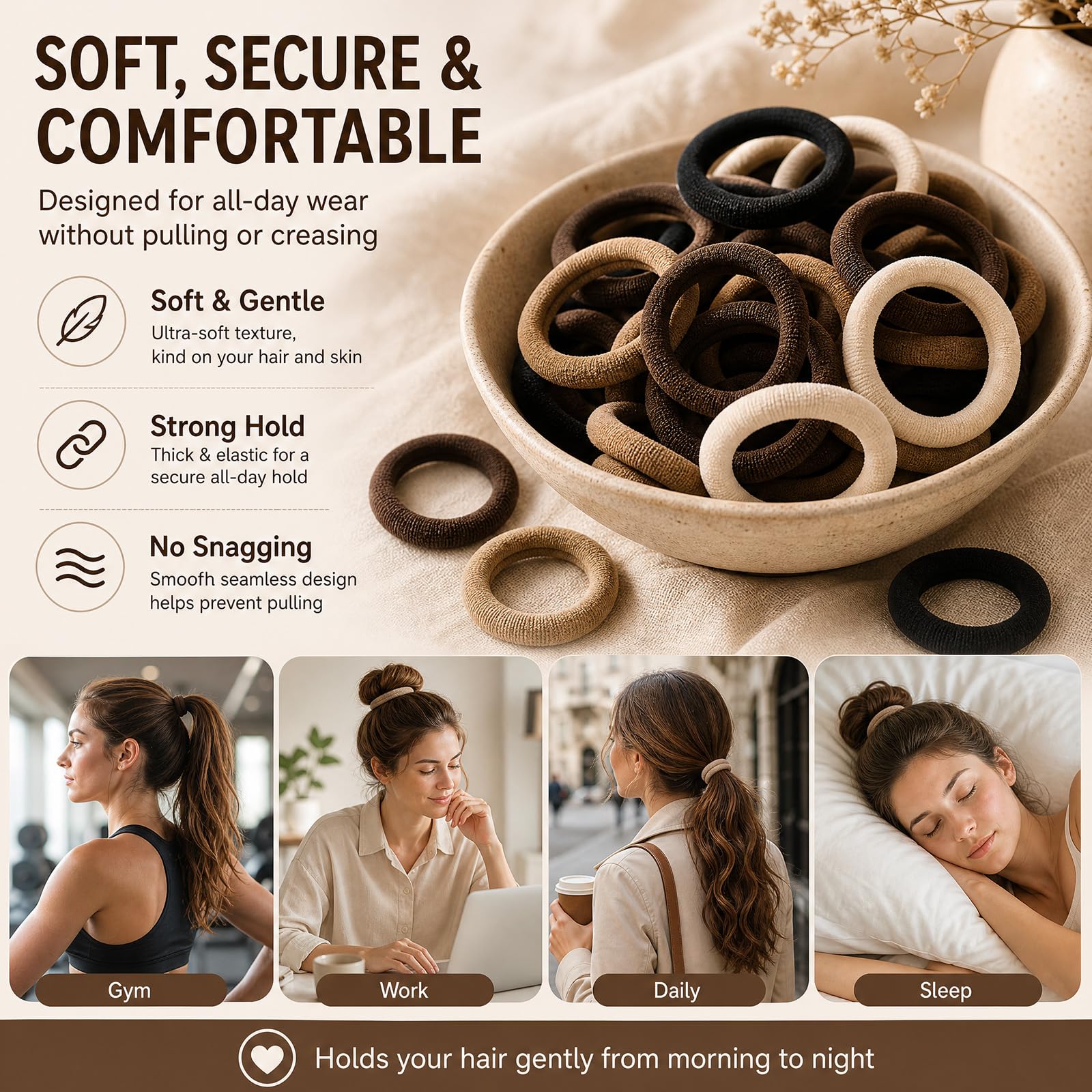 Admygo Elastic Hair Ties - 50 Pack Seamless Thick Hair Bands | High Elasticity Fabric 5
