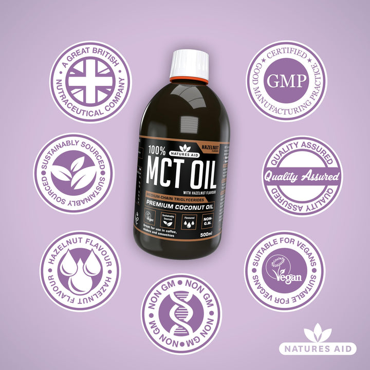 Natures Aid MCT Oil 500ml Hazelnut Flavour - Vegan, Sustainably Sourced from Coconut Oil for Coffee, Smoothies & Dressings