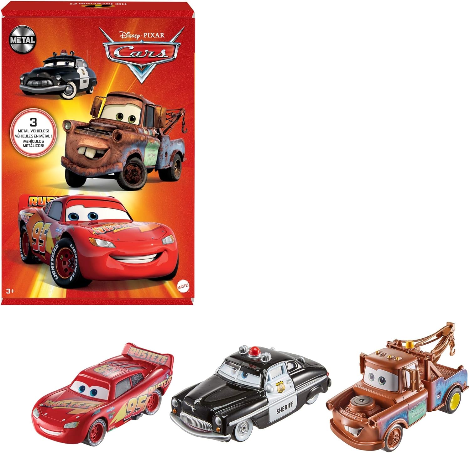 Disney Pixar Cars Radiator Springs 3-Pack with Lightning McQueen, Mater & Sheriff - Die-Cast Vehicle Playset for Kids 1