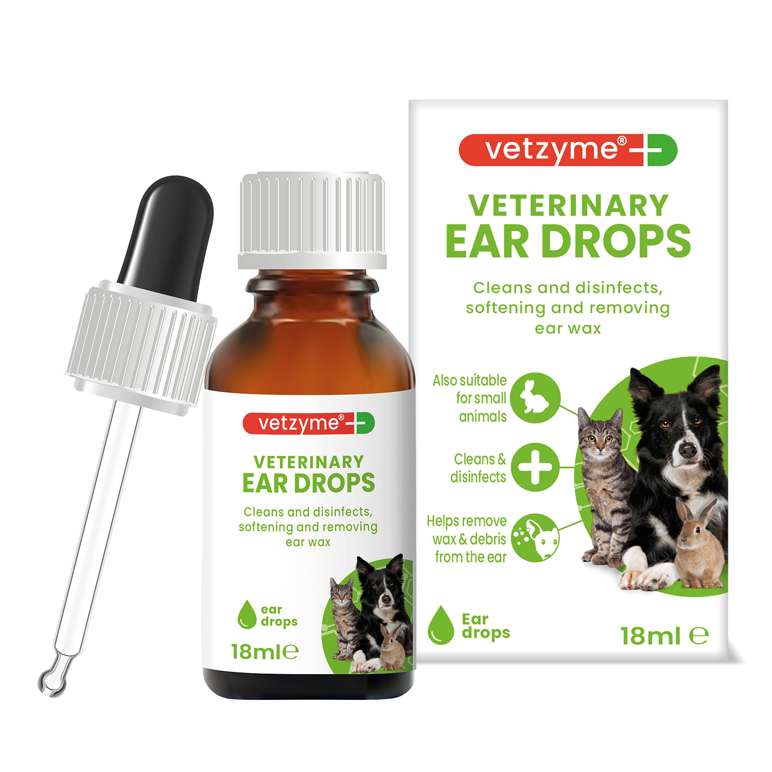 Vetzyme Antibacterial Ear Drops for Dogs, Cats & Small Pets - Cleans & Disinfects | 18 ml