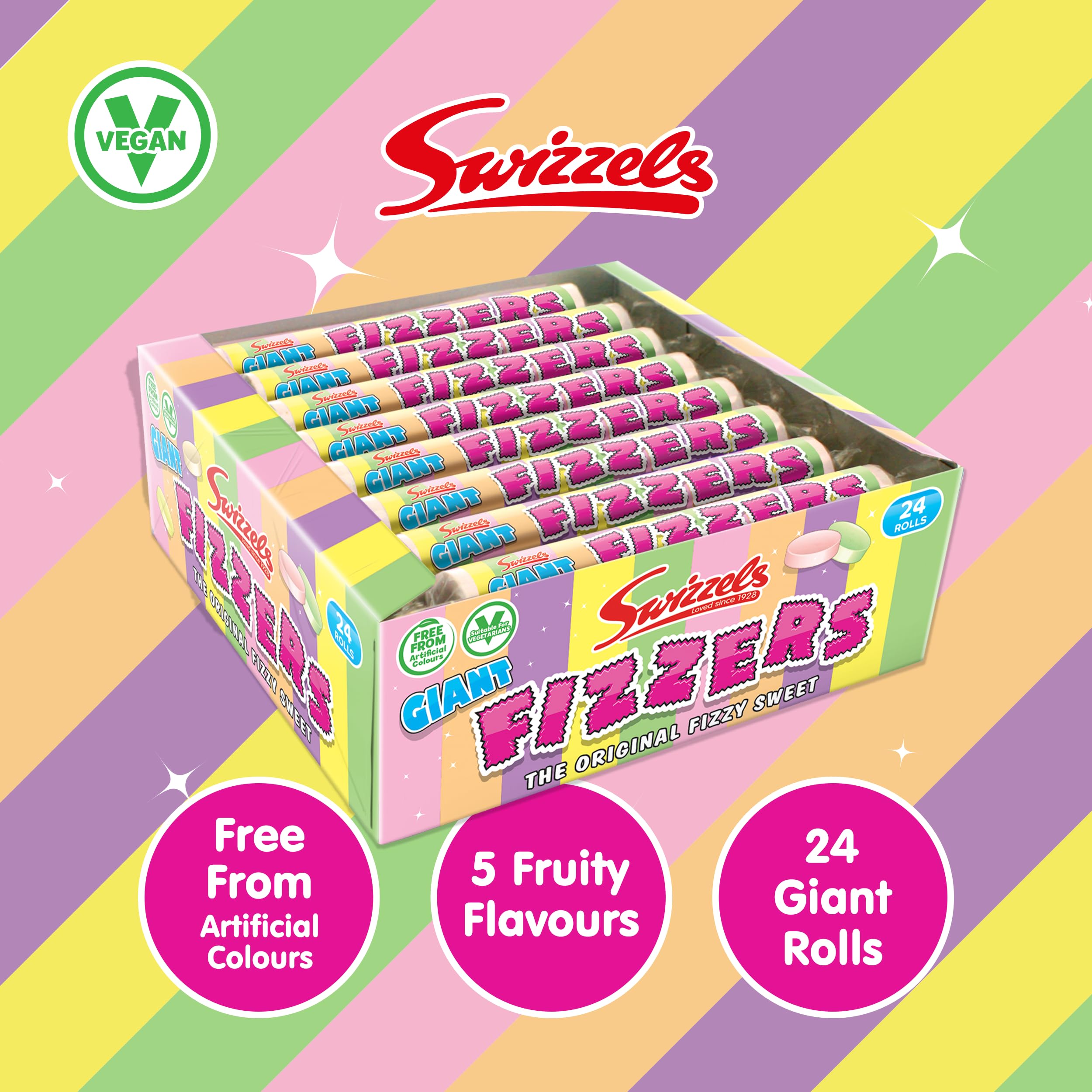 Swizzels Giant Original Fizzer Sweets - Vegan Friendly Fruity Fizzy Rolls Multipack 3