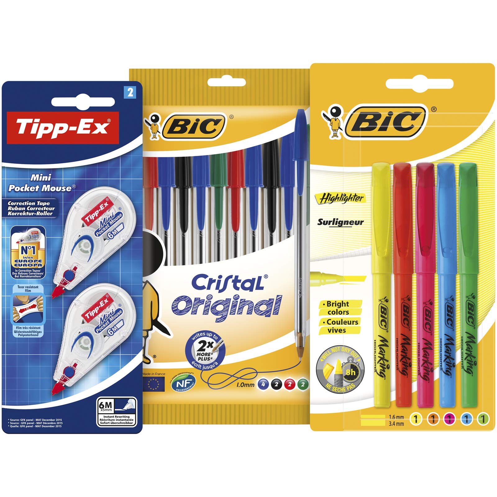 BIC Stationery Bundle: 10 Cristal Pens, 5 Highlighters, 2 Tipp-Ex Mini Pocket Mouse Correctors