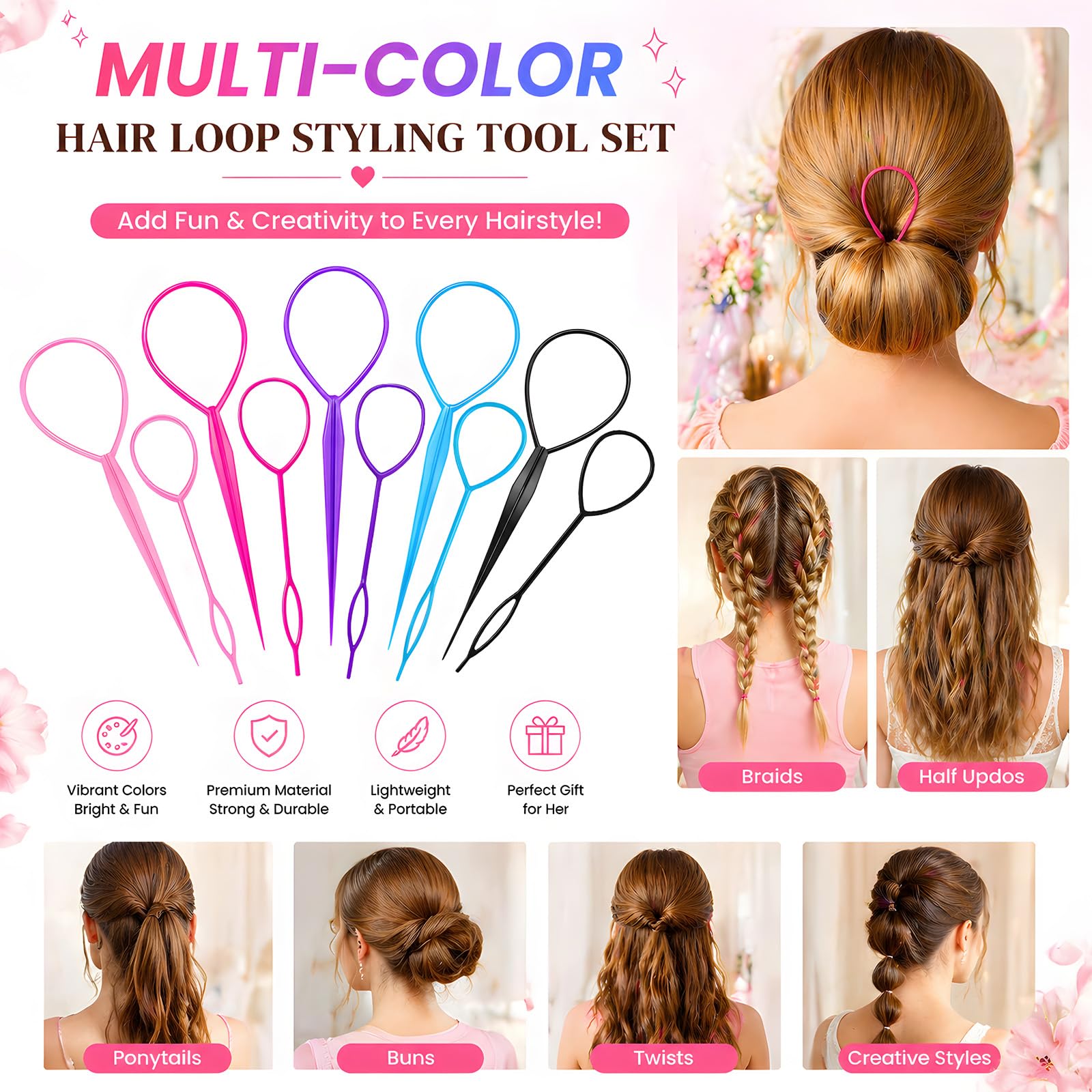 Muexoee Hair Tool Set - 10-Piece Ponytail & Braid Pull Through System | Multi-Color 3