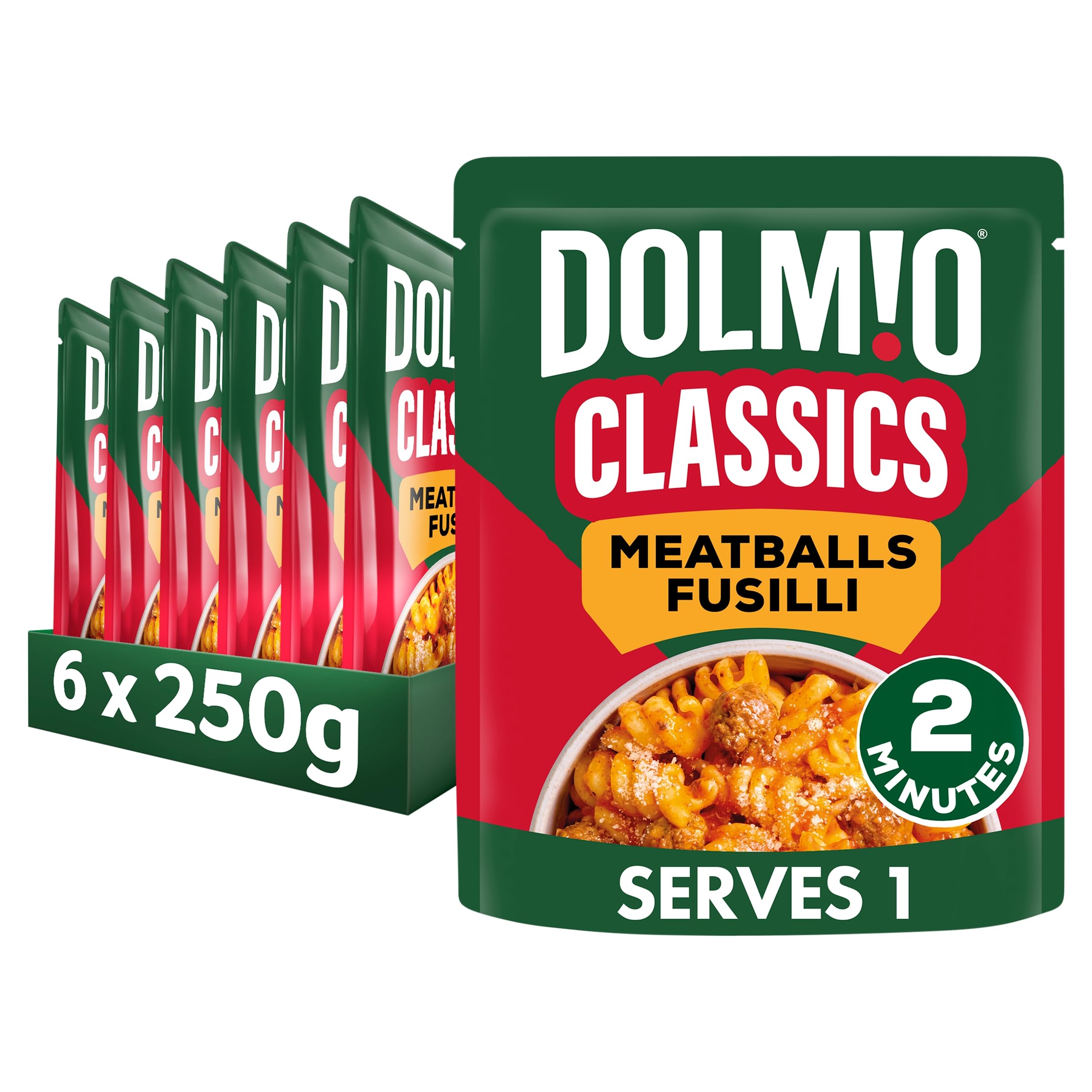 Dolmio Classics Meatballs Fusilli Fertiggericht - 6x 250g Mikrowellen-Pasta mit zarten Hackbällchen &amp; Tomatensauce
