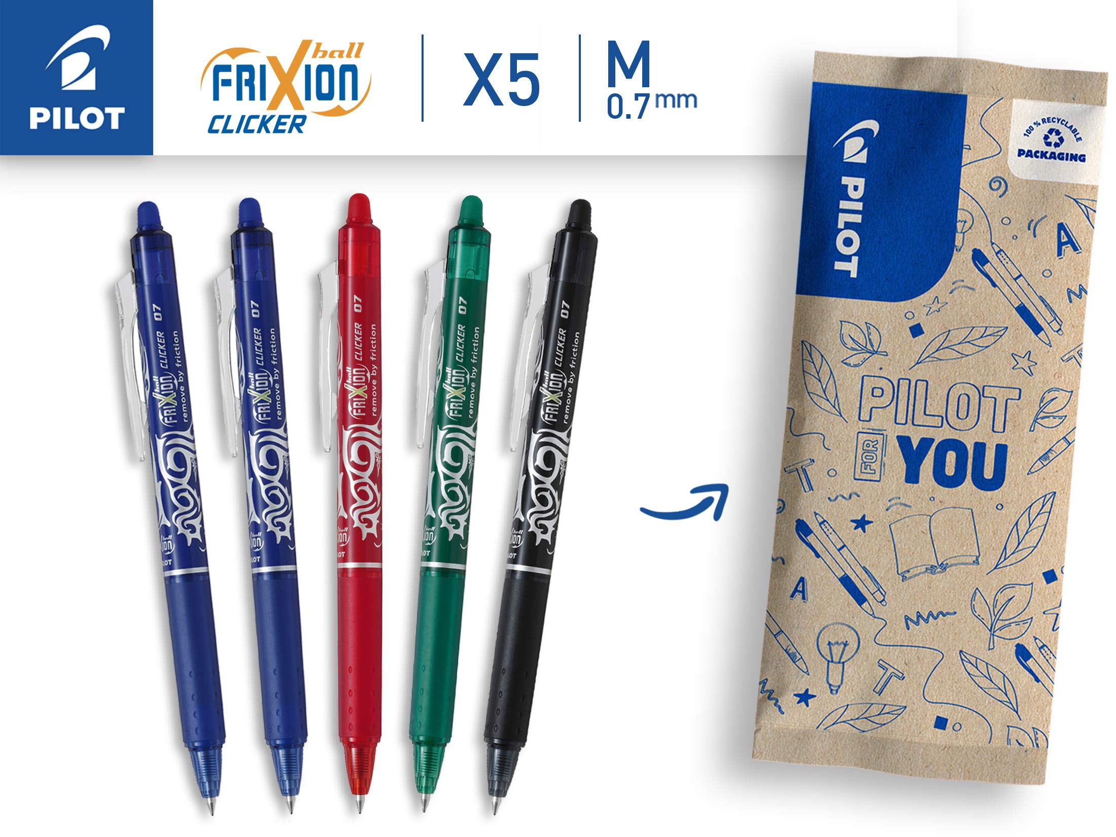PILOT FriXion Ball Clicker Erasable Rollerball Pen - Medium 0.7mm Tip - Pack of 5