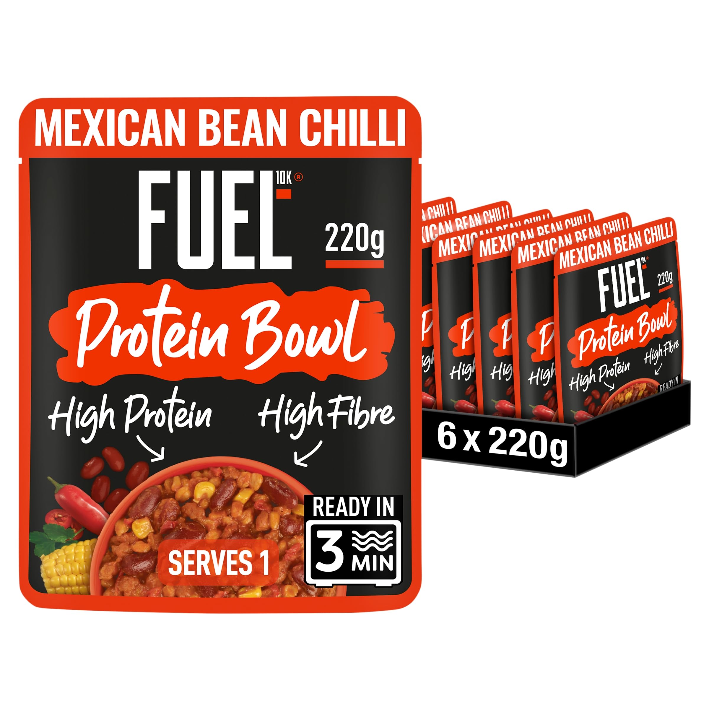 FUEL10K High Protein Mexican Bean Chilli Microwave Ready Meal - 14g Protein, Pack of 6 1