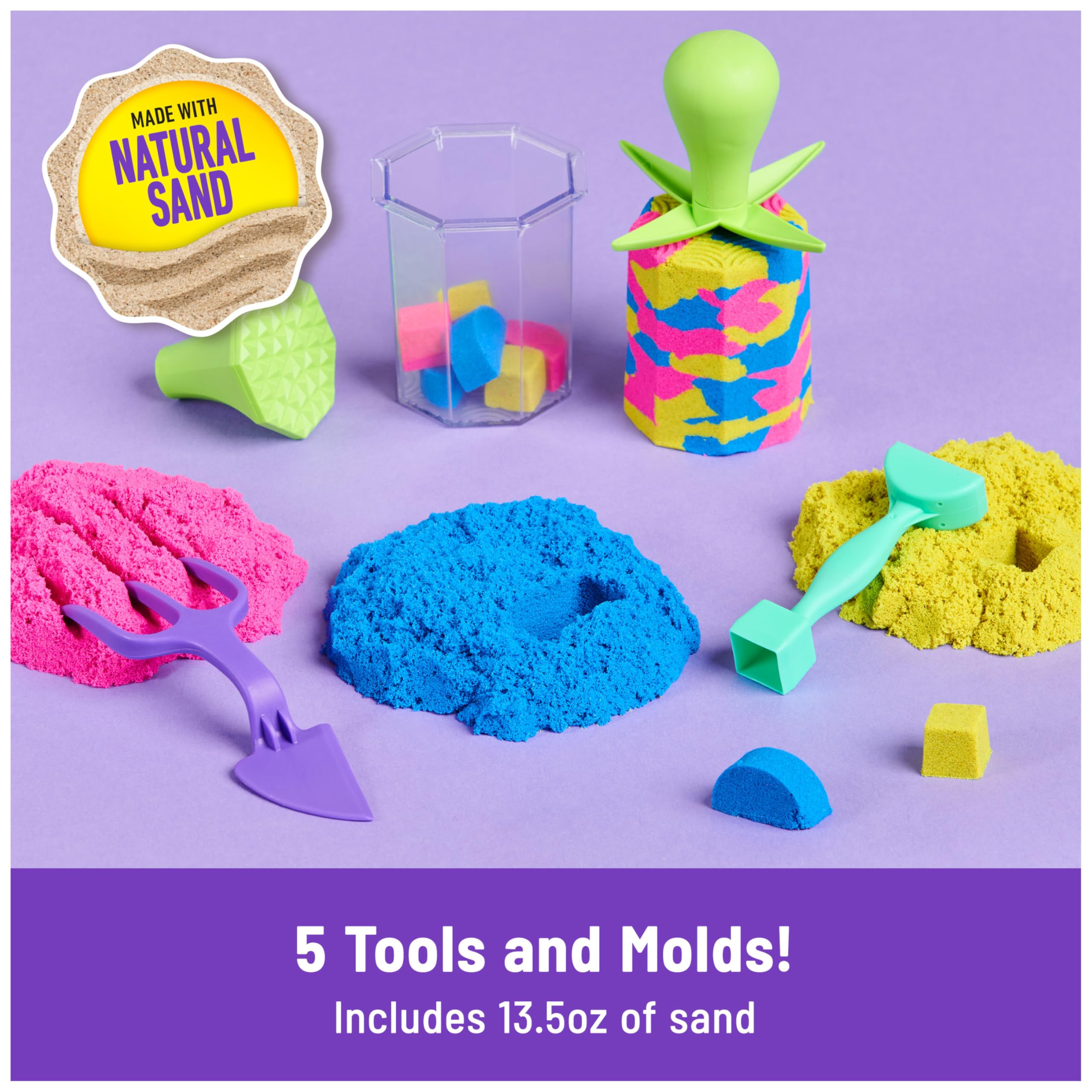 Kinetic Sand Squish N’ Create Playset - 382g Blue, Yellow, Pink Sand | 5 Tools | Ages 3+ 3