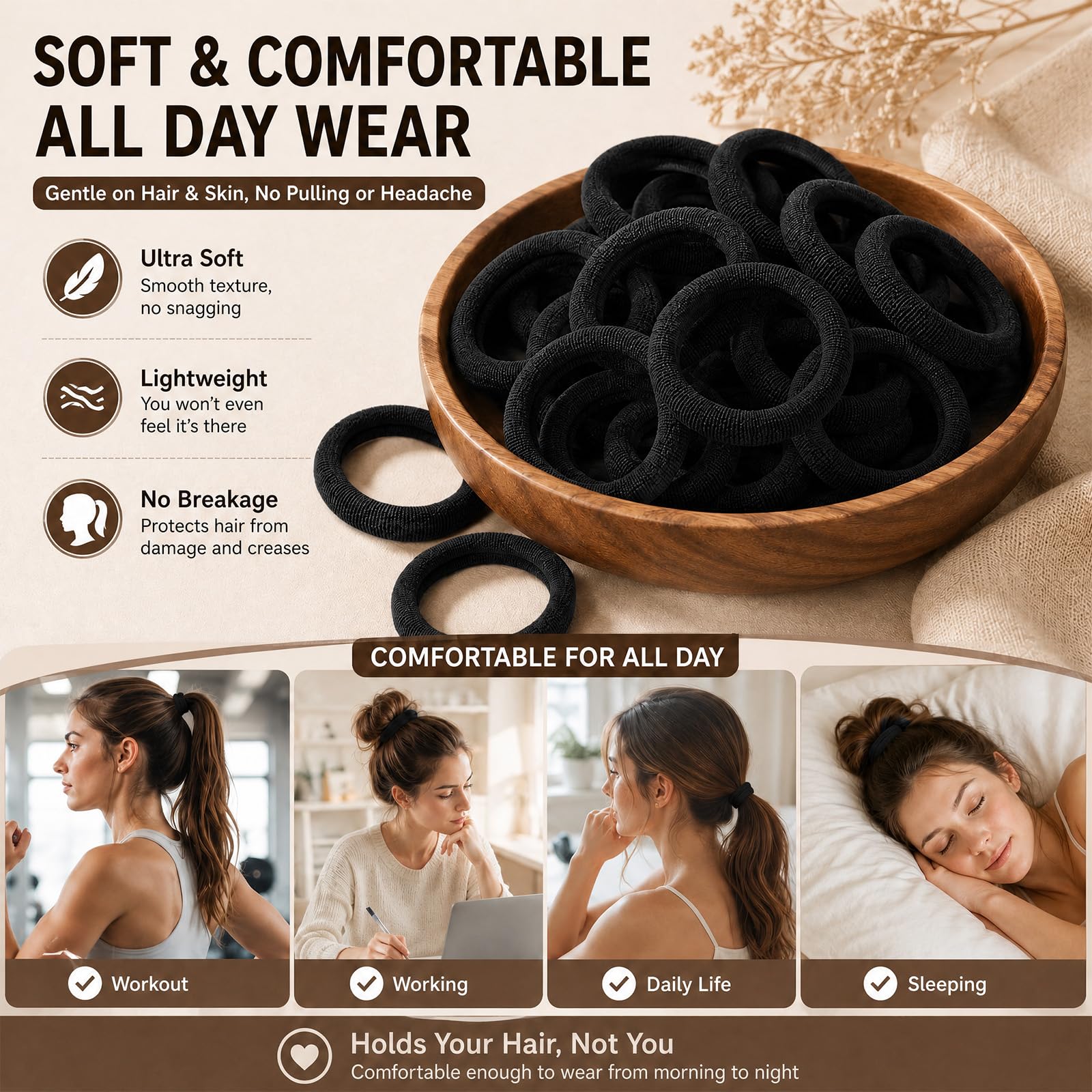 Admygo Elastic Hair Ties - 50 Pack Seamless Thick Hair Bands | High Elasticity Fabric 5