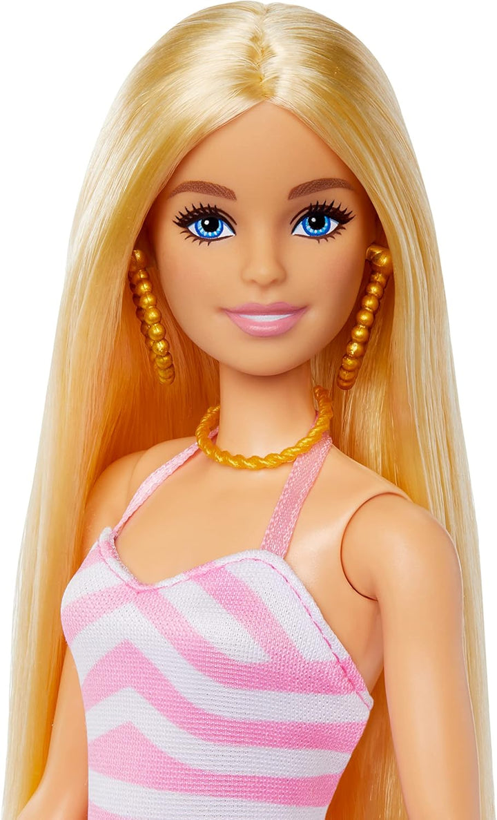 Barbie Doll - Pink & White Swimsuit with Beach Accessories, Ages 3+