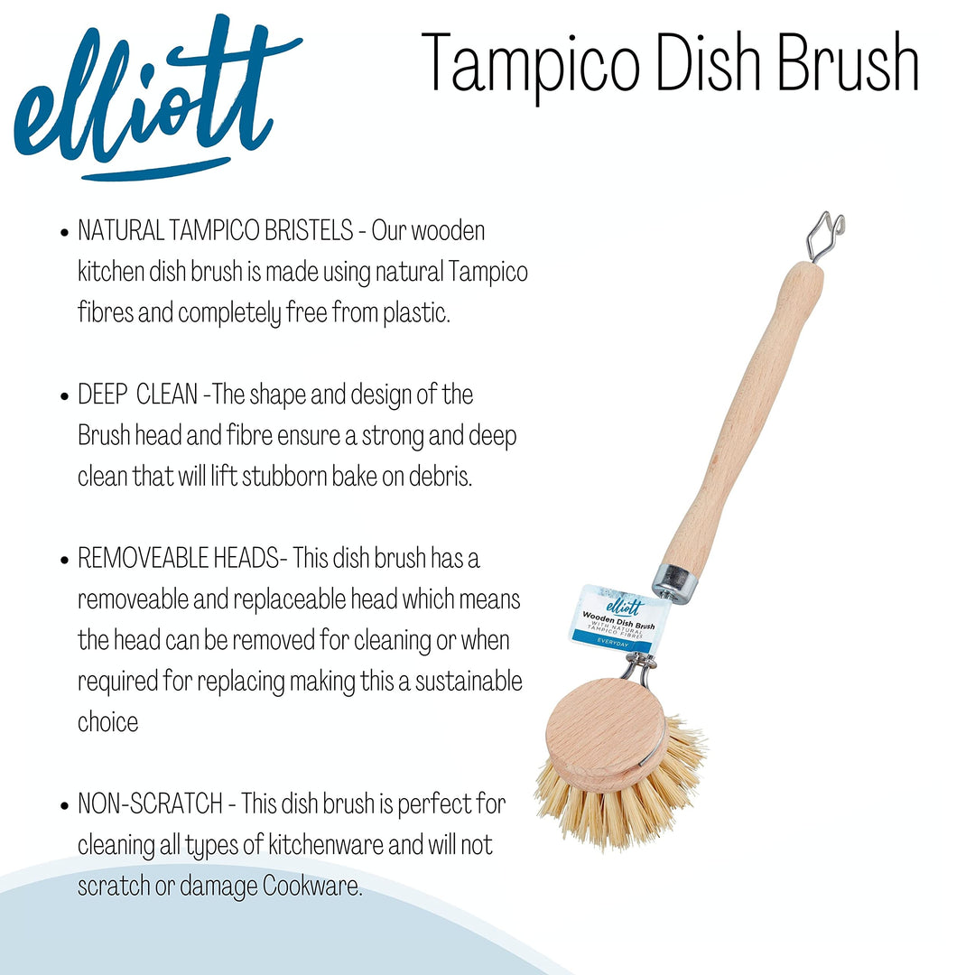 Elliott Wooden Dish Brush with Natural Tampico Fibres - Long Handle, Replaceable Head