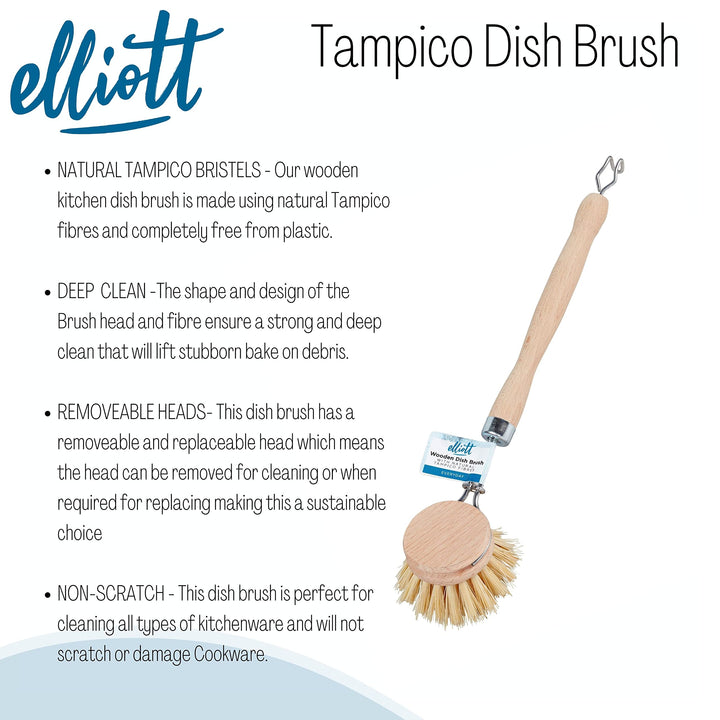 Elliott Wooden Dish Brush with Natural Tampico Fibres - Long Handle, Replaceable Head