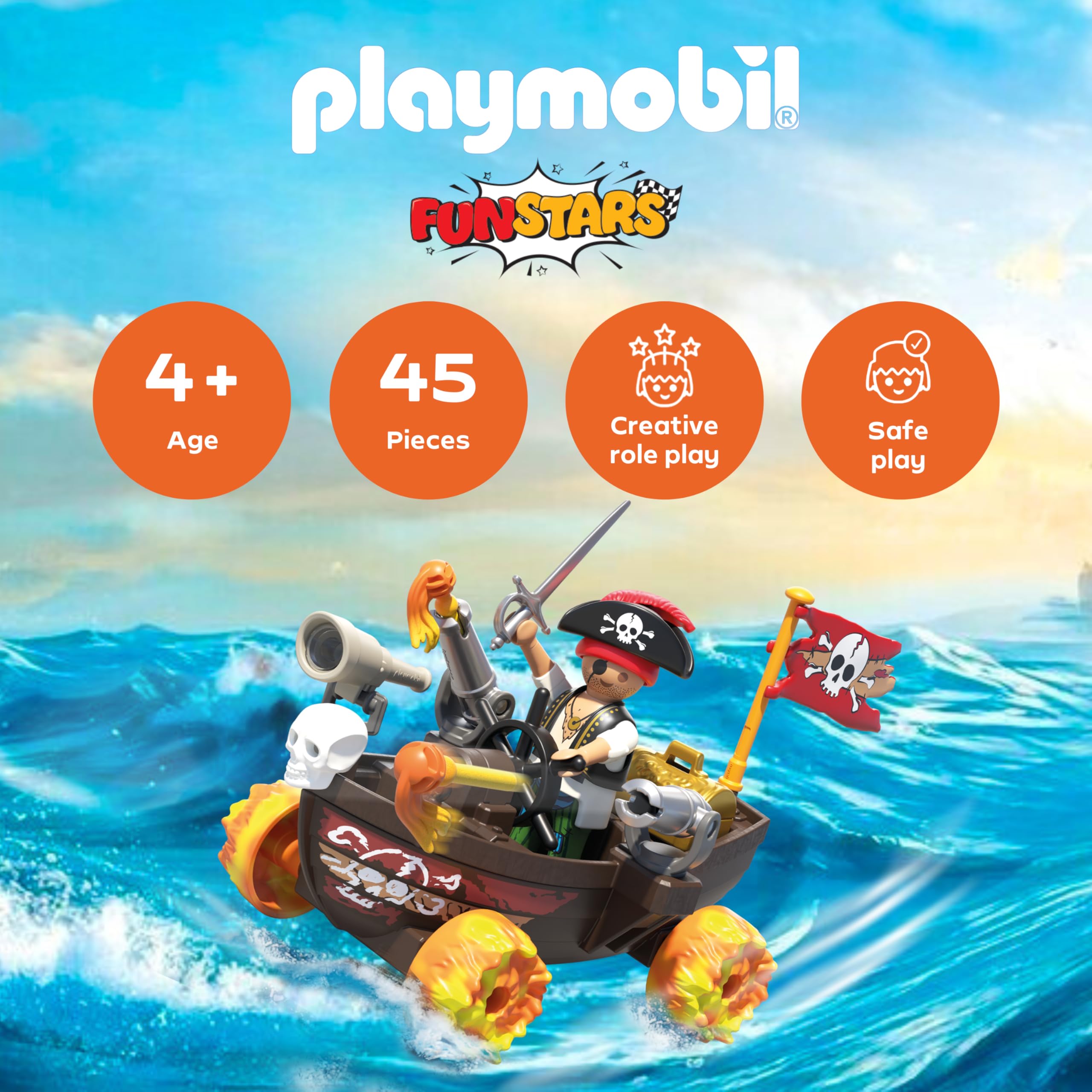 Playmobil Fun Stars Racing Pirate Boat with Pull-Back Motor & Shooting Function | Age 4+ | Model 71720 2