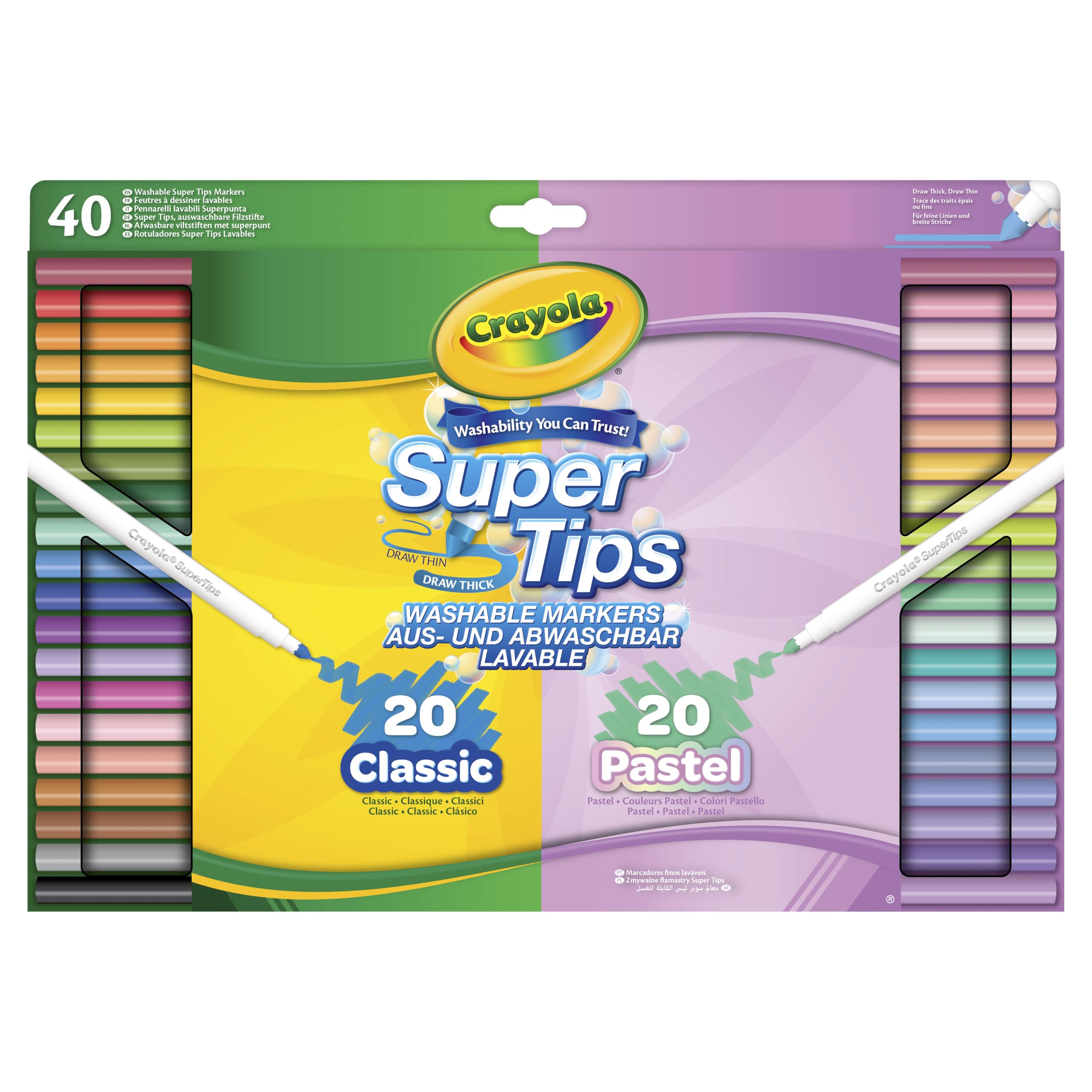 CRAYOLA SuperTips Washable Markers - Classic & Pastel Colours | 40 Count | Fine Tip