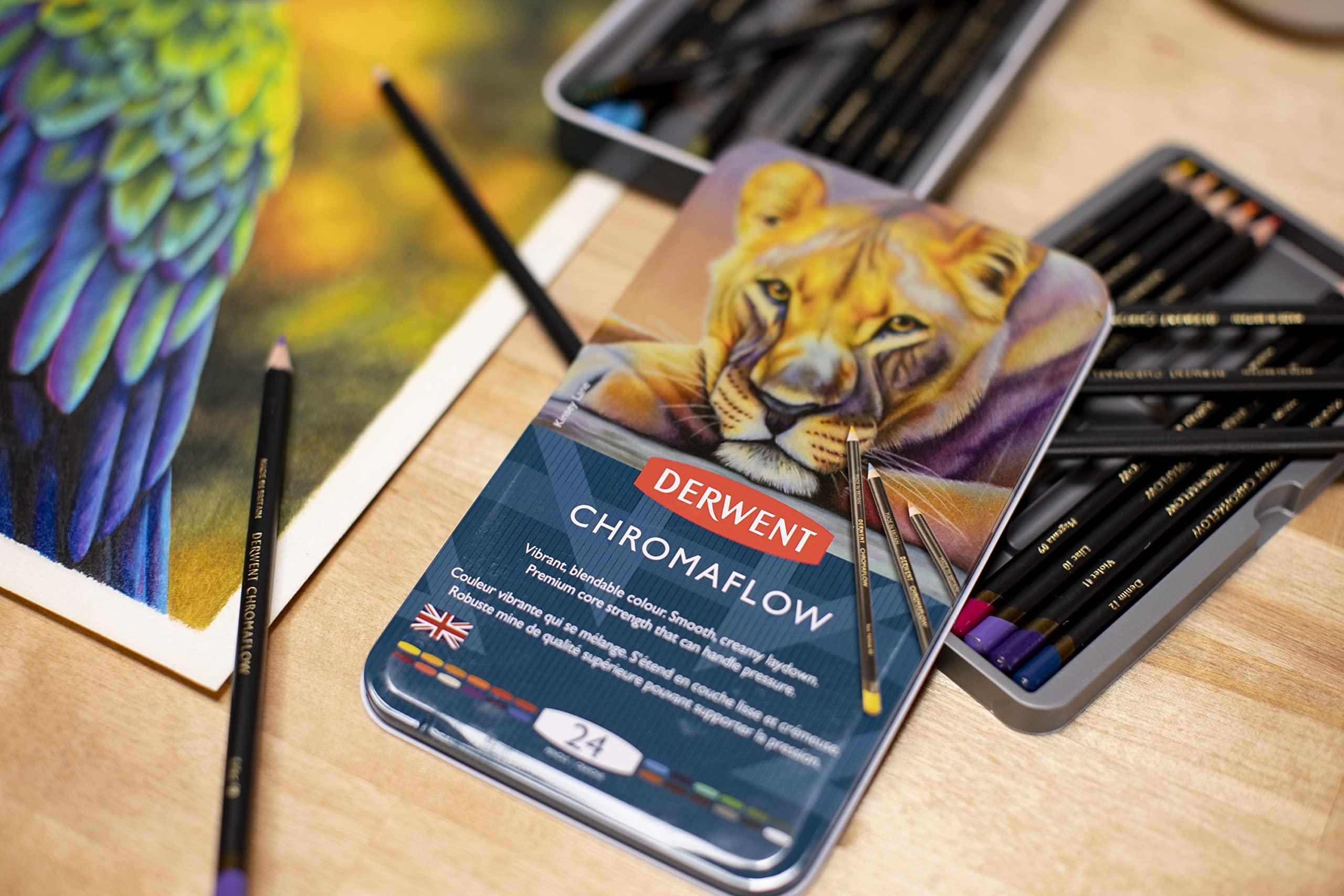 Derwent Chromaflow Coloured Pencils - Set of 24 in Tin | 3.5mm Core | Blendable 7