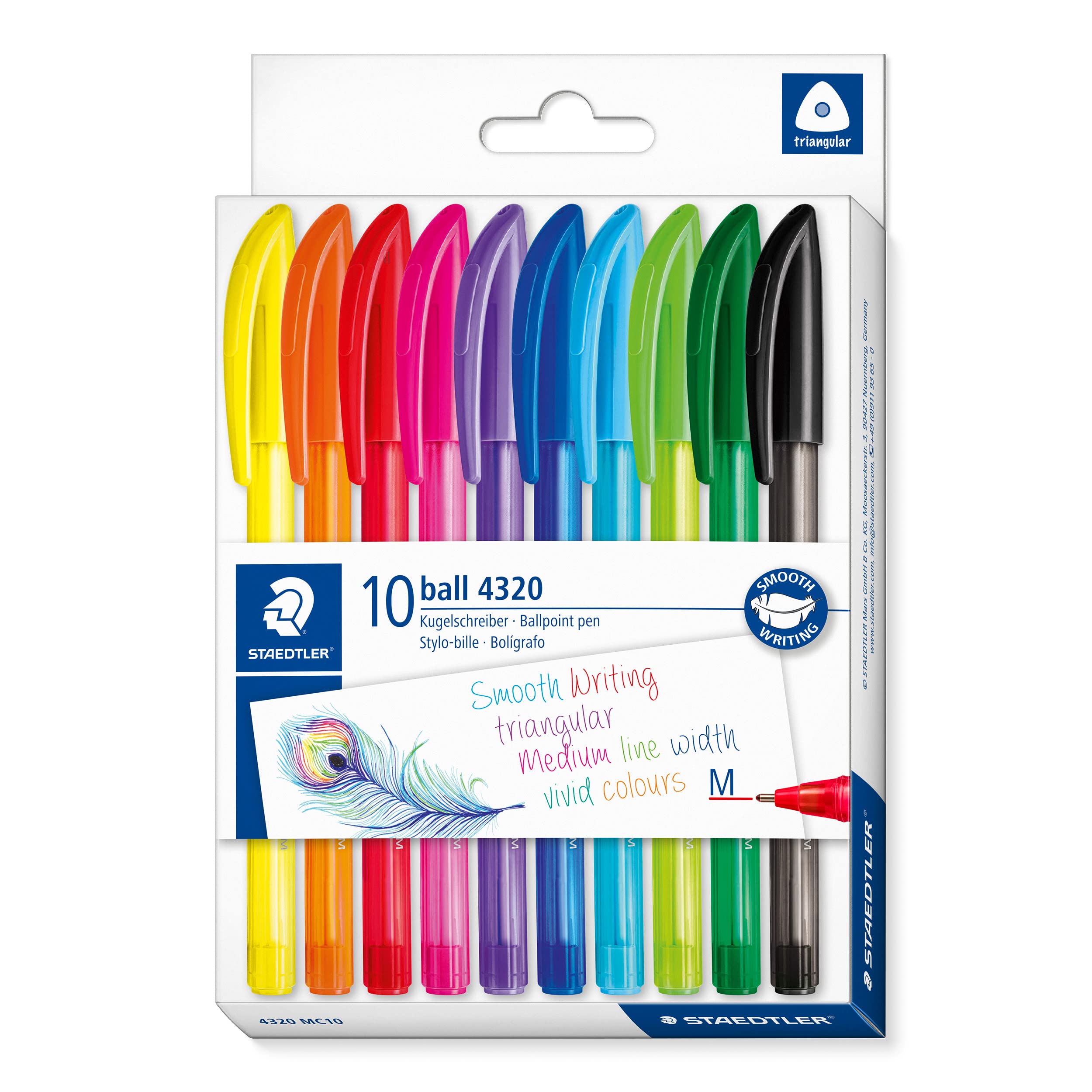 STAEDTLER 4320 MC10 Stick Ballpoint Pen - Triangular Barrel, 1.0mm Medium Line, Pack of 10 Assorted Colours 1