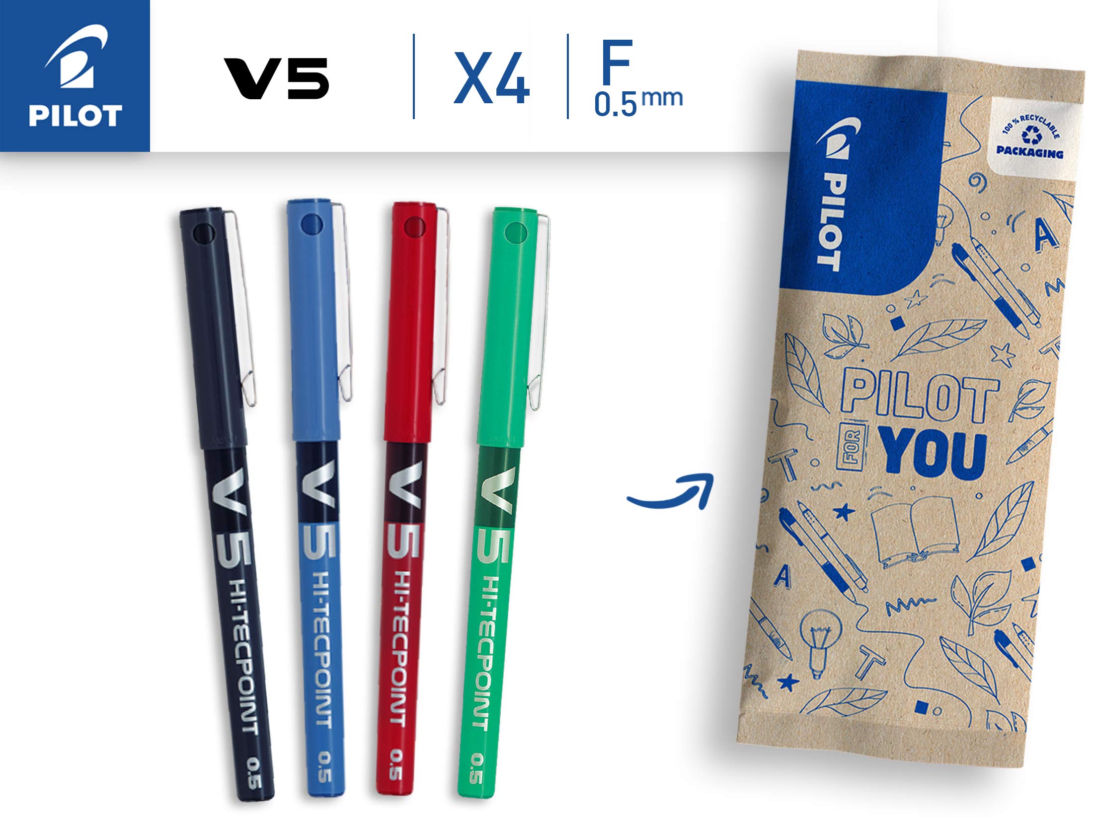 PILOT V5 Liquid Ink Rollerball Pen Set - 0.5mm Fine Tip | Black, Blue, Red, Green | Pack of 4 2