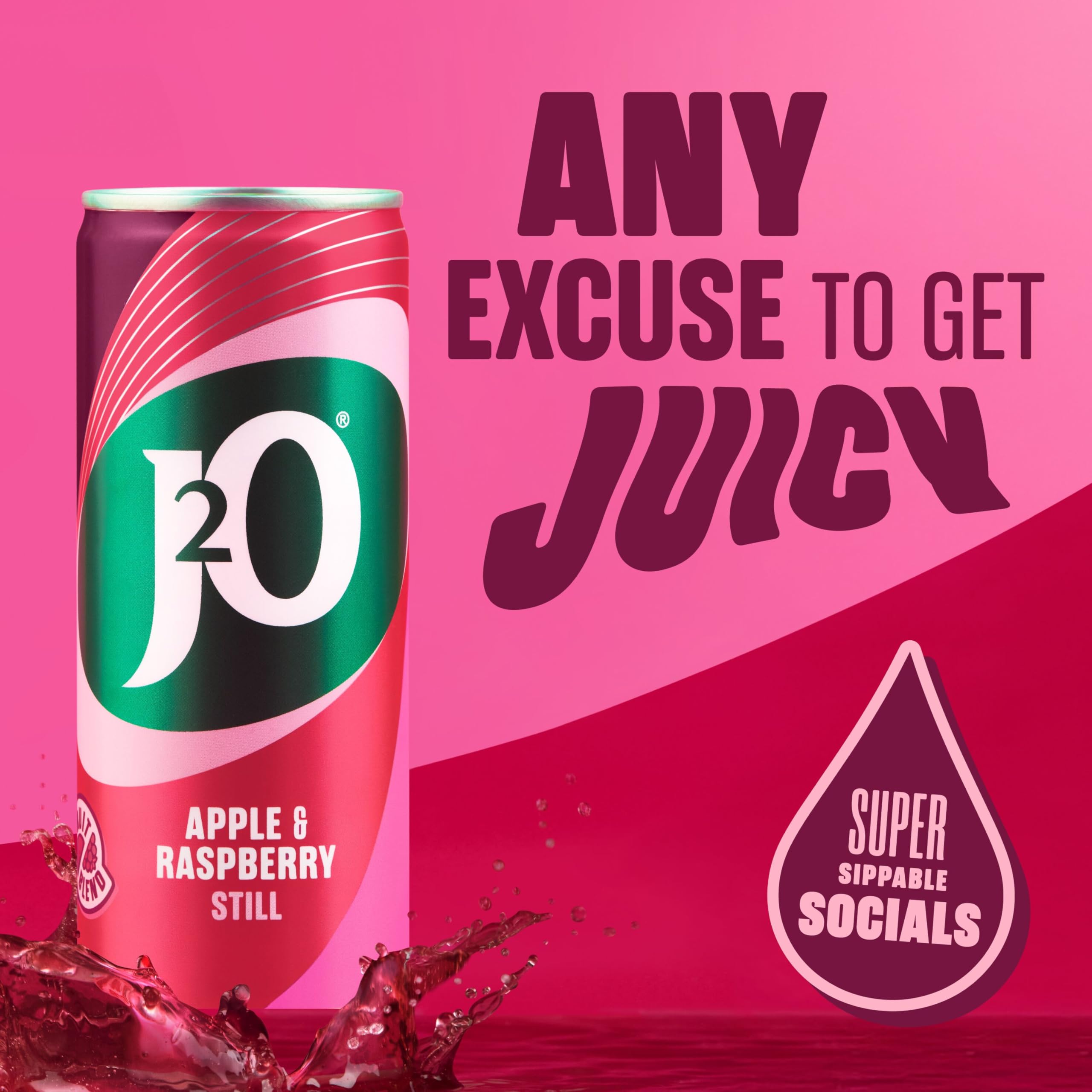 J2O Apple & Raspberry Fruit Drink Cans - 4 x 250ml Pack | Low Calorie