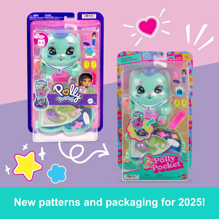 Polly Pocket Set Sail Kitty Compact Playset - Micro Doll with 10 Accessories & 2 Pet Cats, Ages 4+