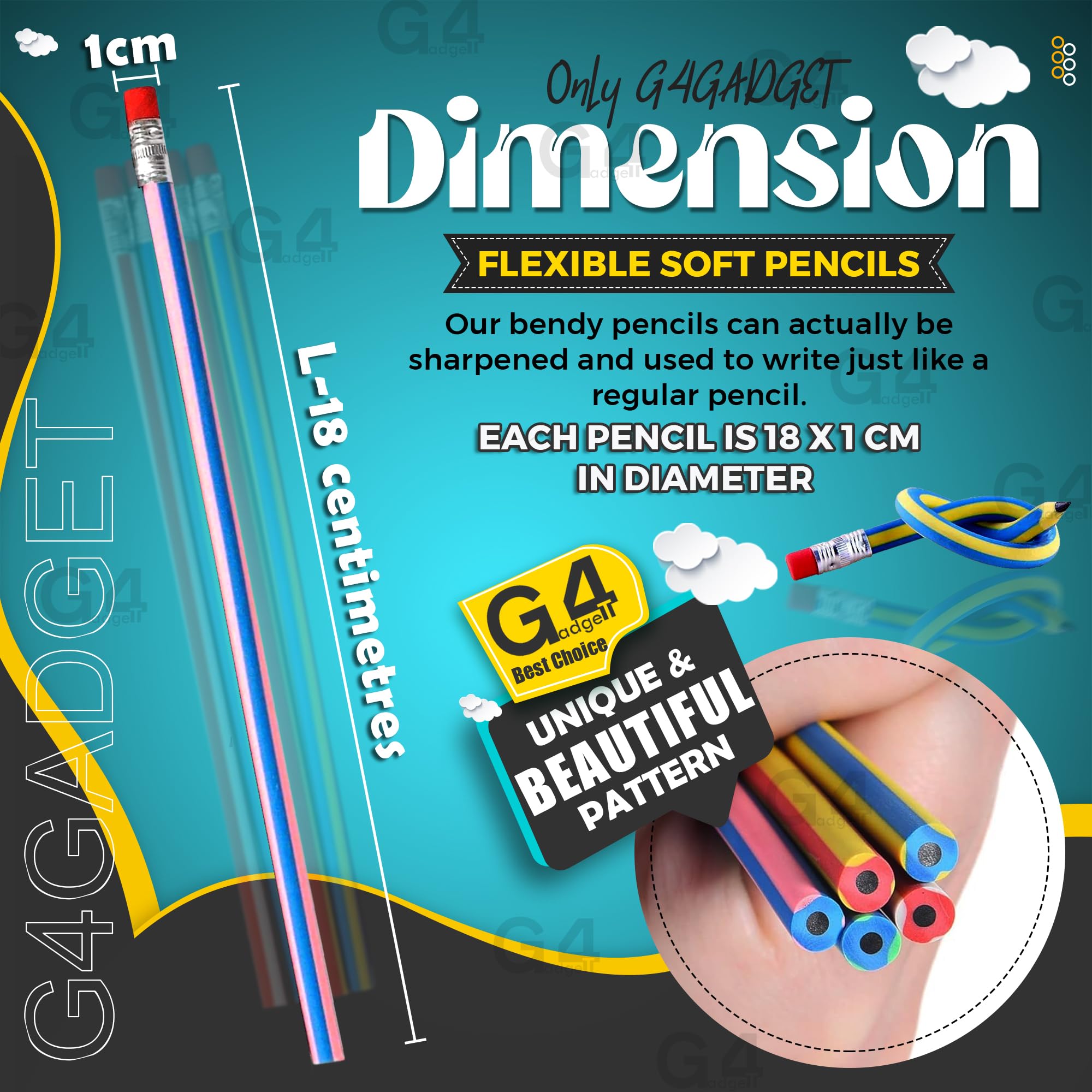 G4GADGET Soft Flexible Bendy Pencils - Plastic Material, Multicolor Ink, Includes Eraser | 10 Count 3