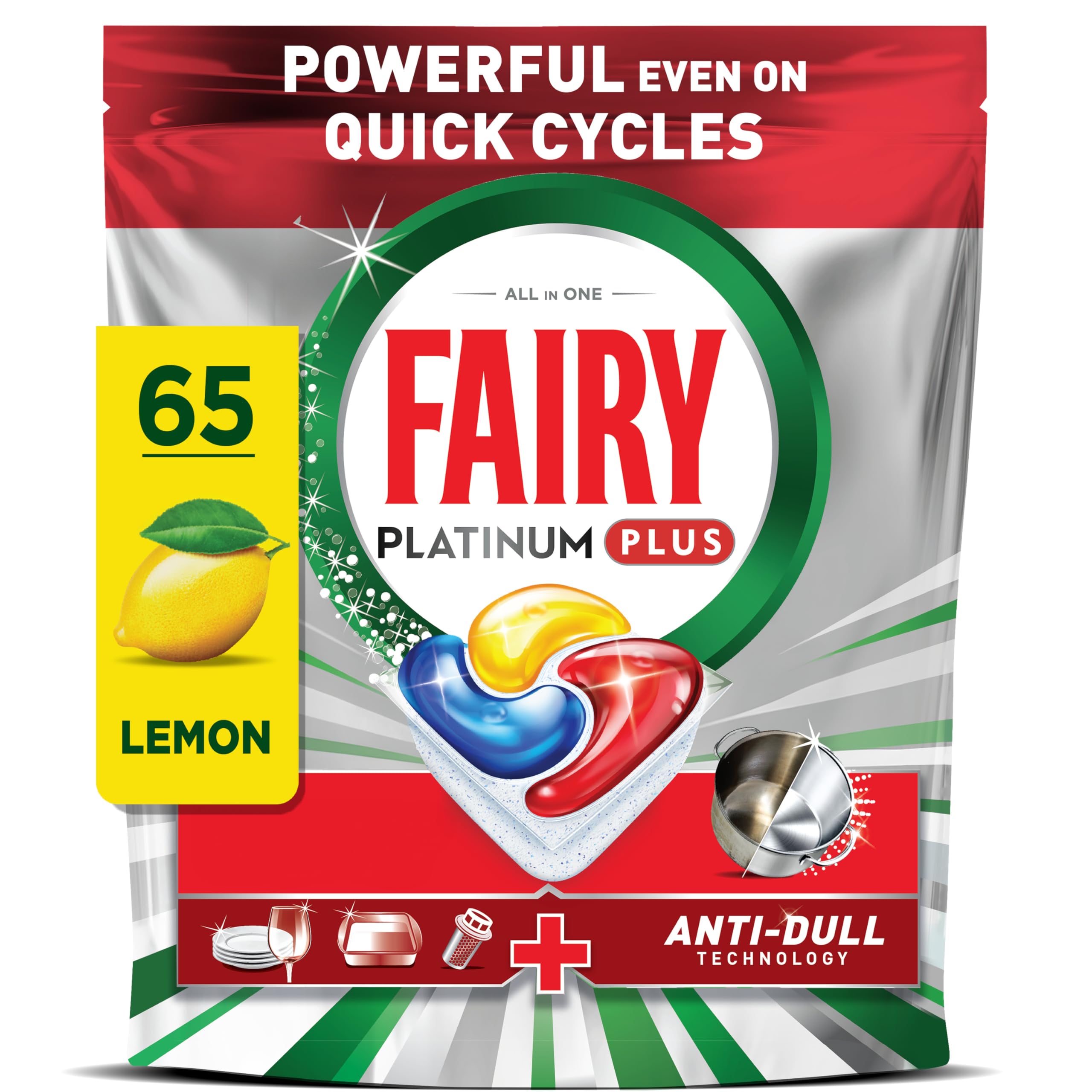 Fairy Platinum Plus Dishwasher Tablets Lemon Scent, 65 Count, Impeccable Clean 1