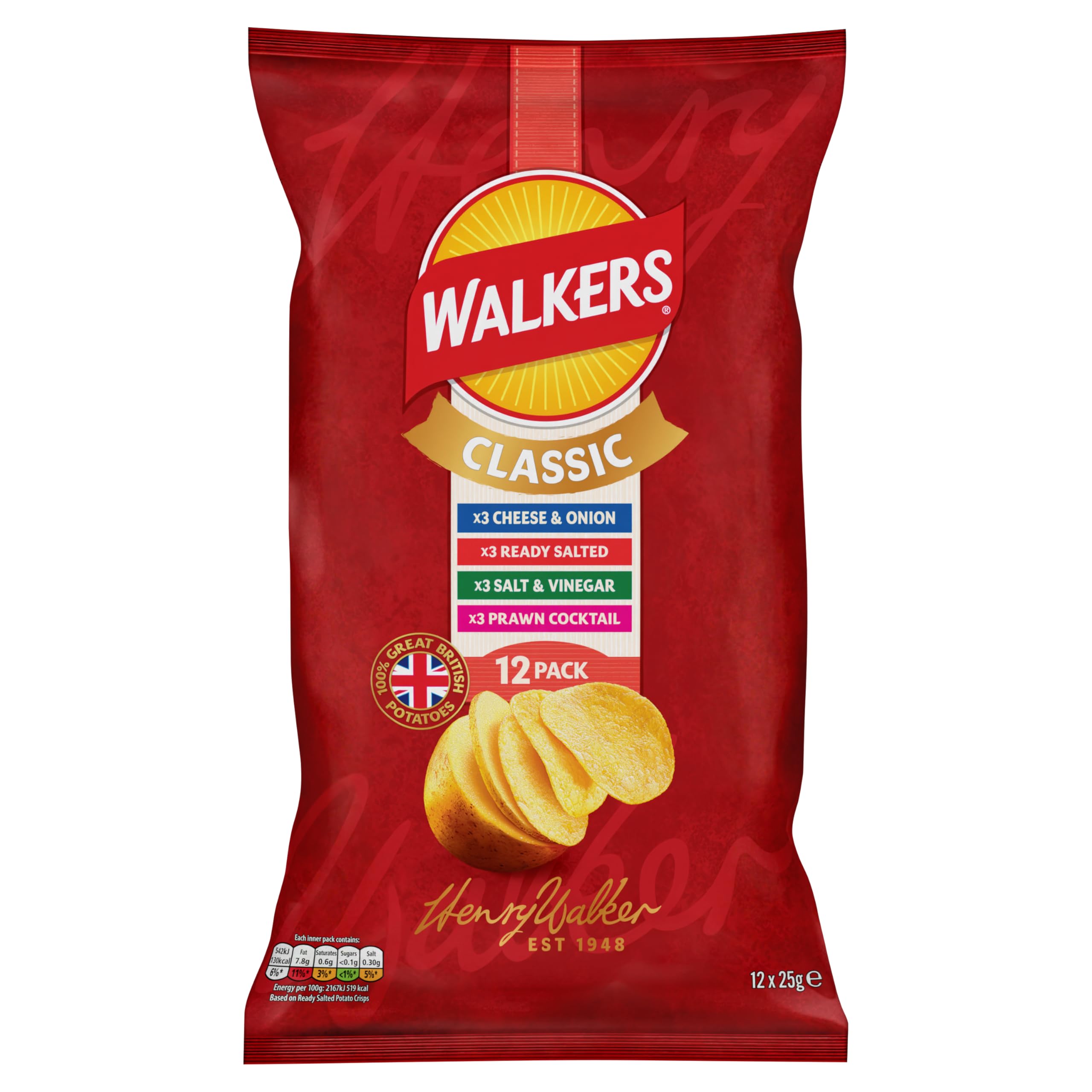 Walkers Classic Pack Crisps Multipack - 12 x 25g Bags with 4 Flavours 1