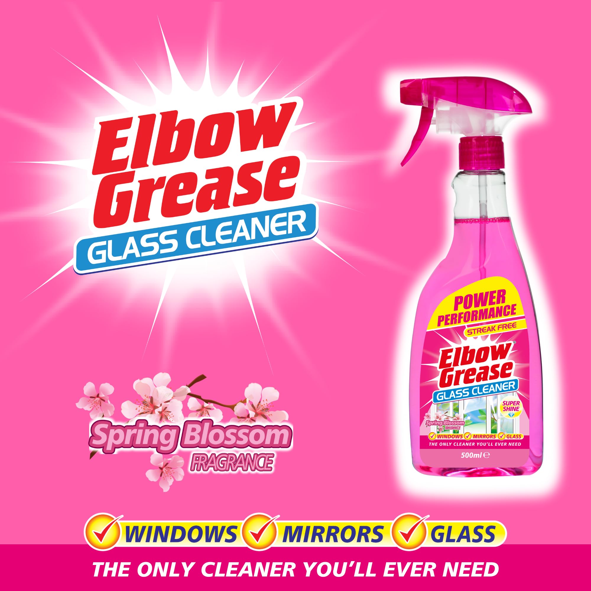 Elbow Grease Pink Glass Cleaner - Streak Free Shine | Spring Blossom Scent | 500ml Spray