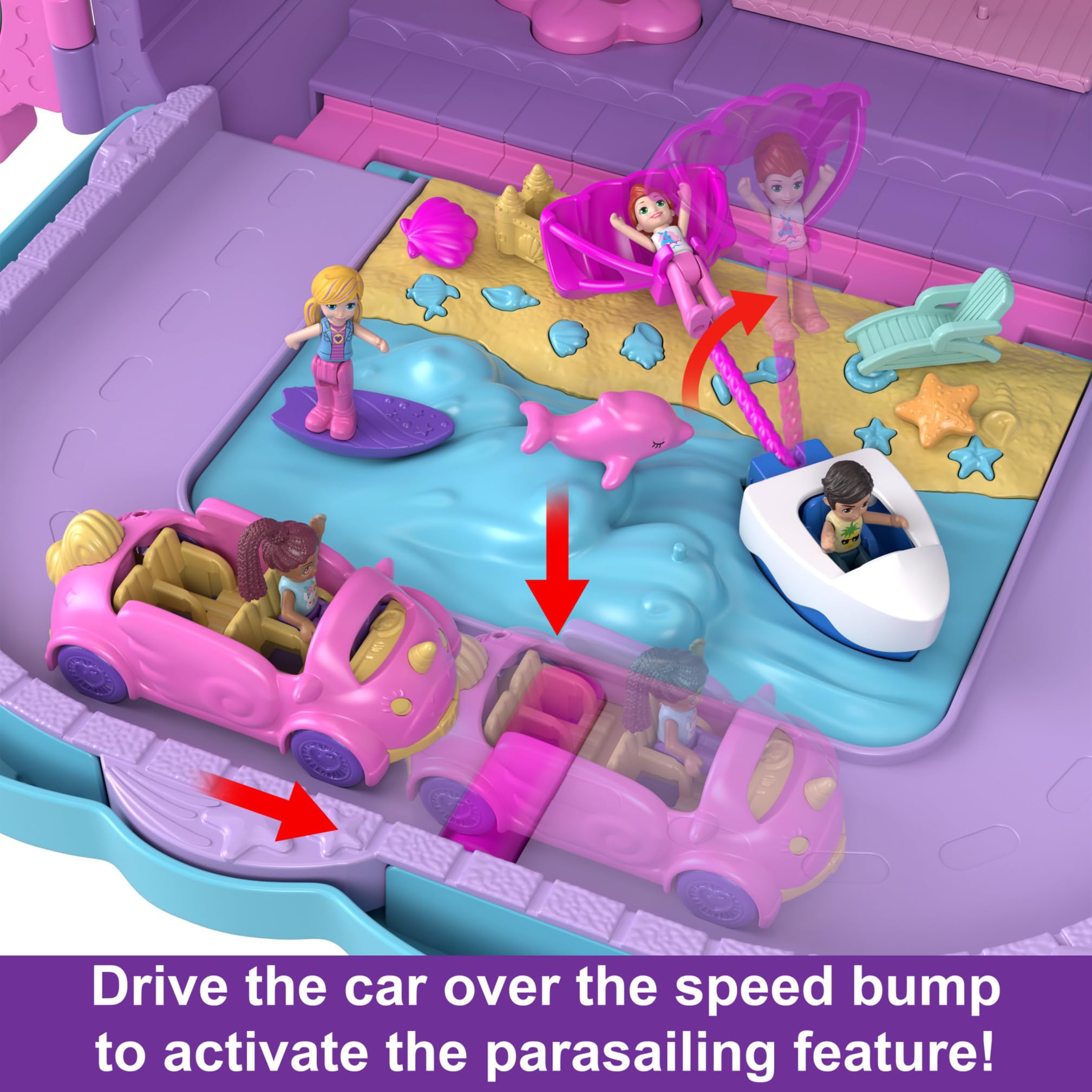 Polly Pocket Pollyville Resort Roll Away Spielset – 4 Puppen, 1 Fahrzeug, über 25 Zubehörteile, Alter 4–10 9