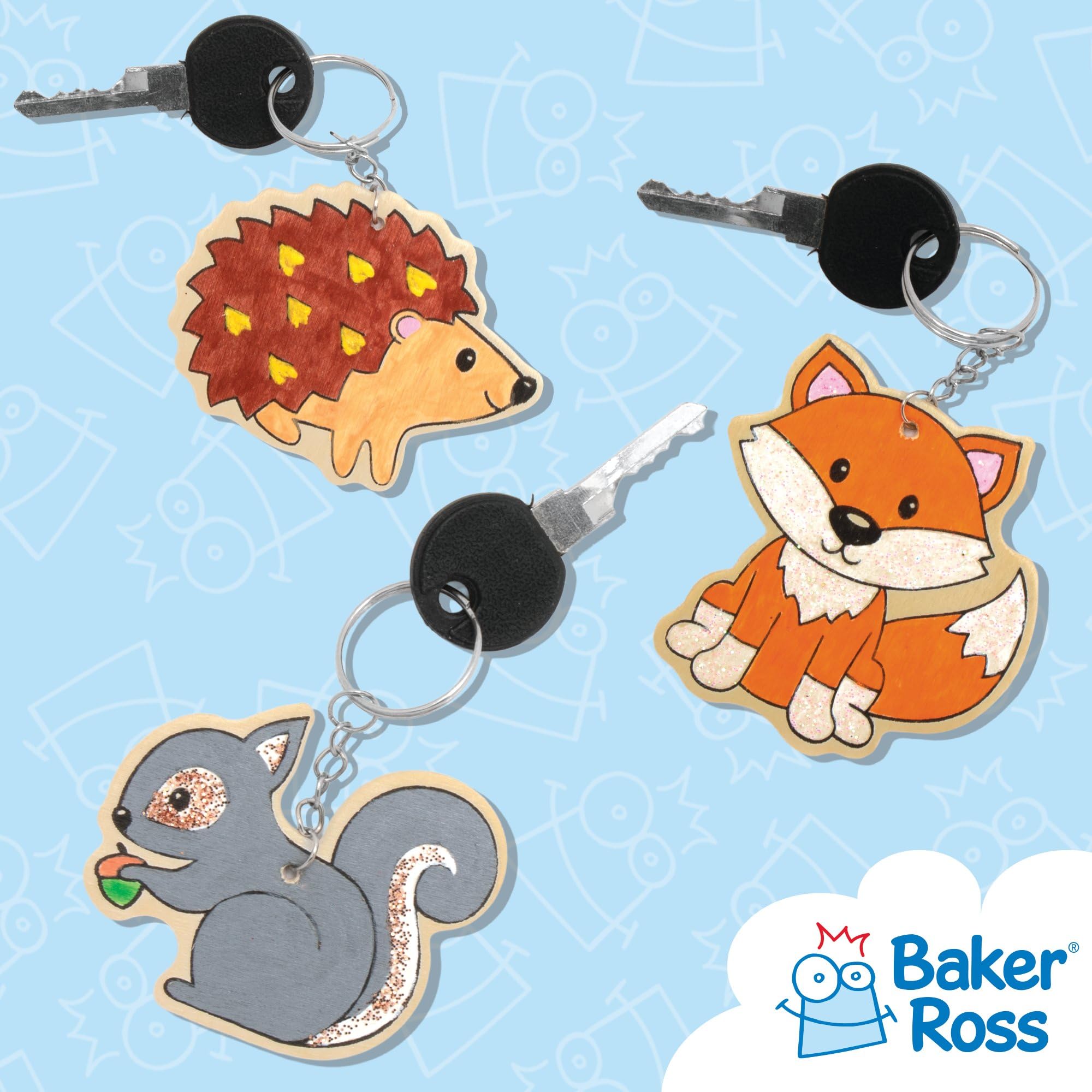 Baker Ross Woodland Animal Wooden Keyrings - Pack of 10 | Colour-In Craft Kit | 4.5cm-8cm 4