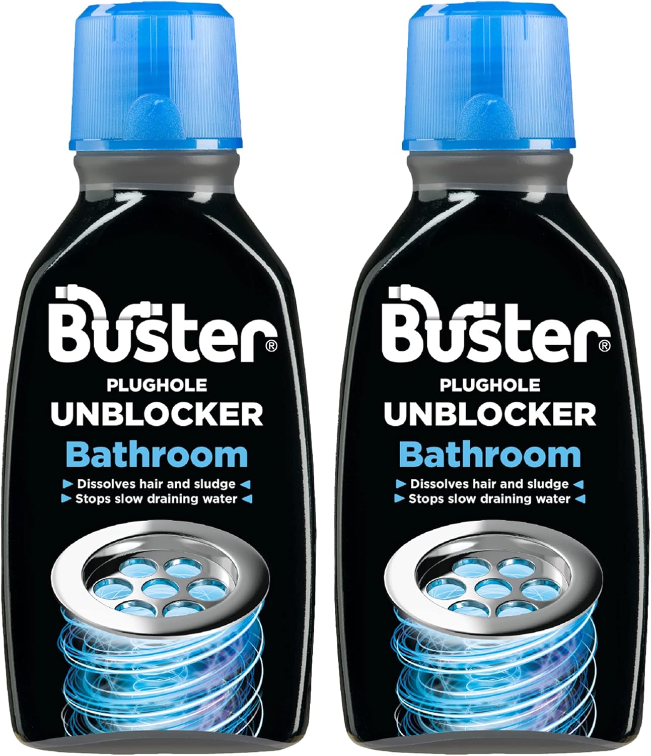 Buster Badezimmer-Abflussreiniger, 300 ml, 2er-Pack – Schnell wirkender Abflussreiniger für Waschbecken und Dusche gegen Haare und Seifenreste