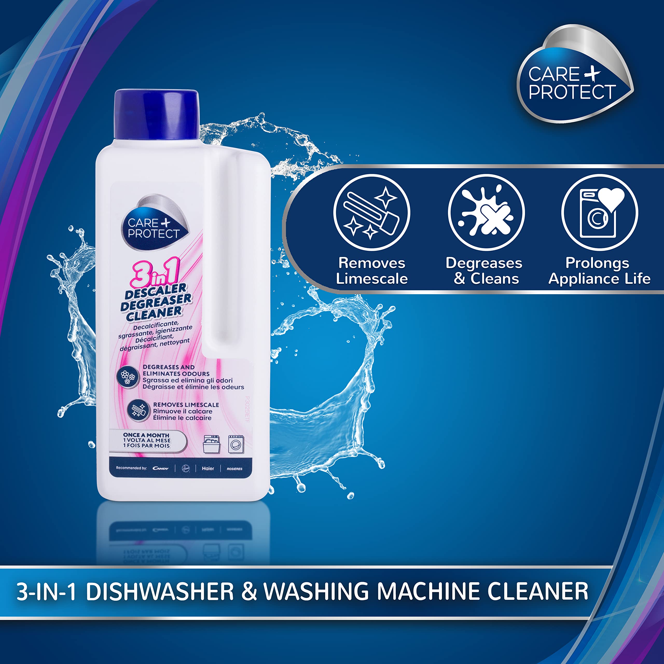 CARE + PROTECT Liquid 3 in 1 Descaler, Degreaser, Cleaner for Dishwasher & Washing Machine - 250ml 2