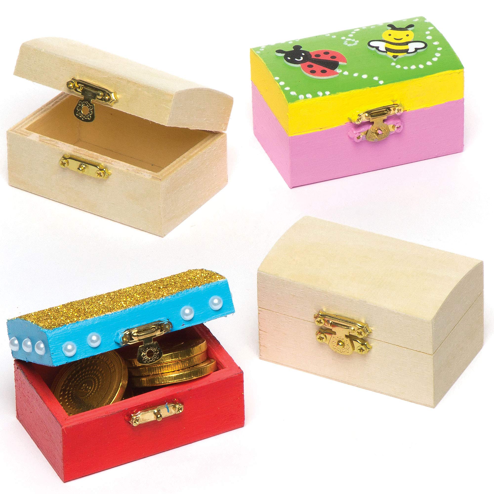 Baker Ross ET127 Mini Wooden Jewellery Box Treasure Chests - Pack of 4, 8cm x 5cm | Craft Kit