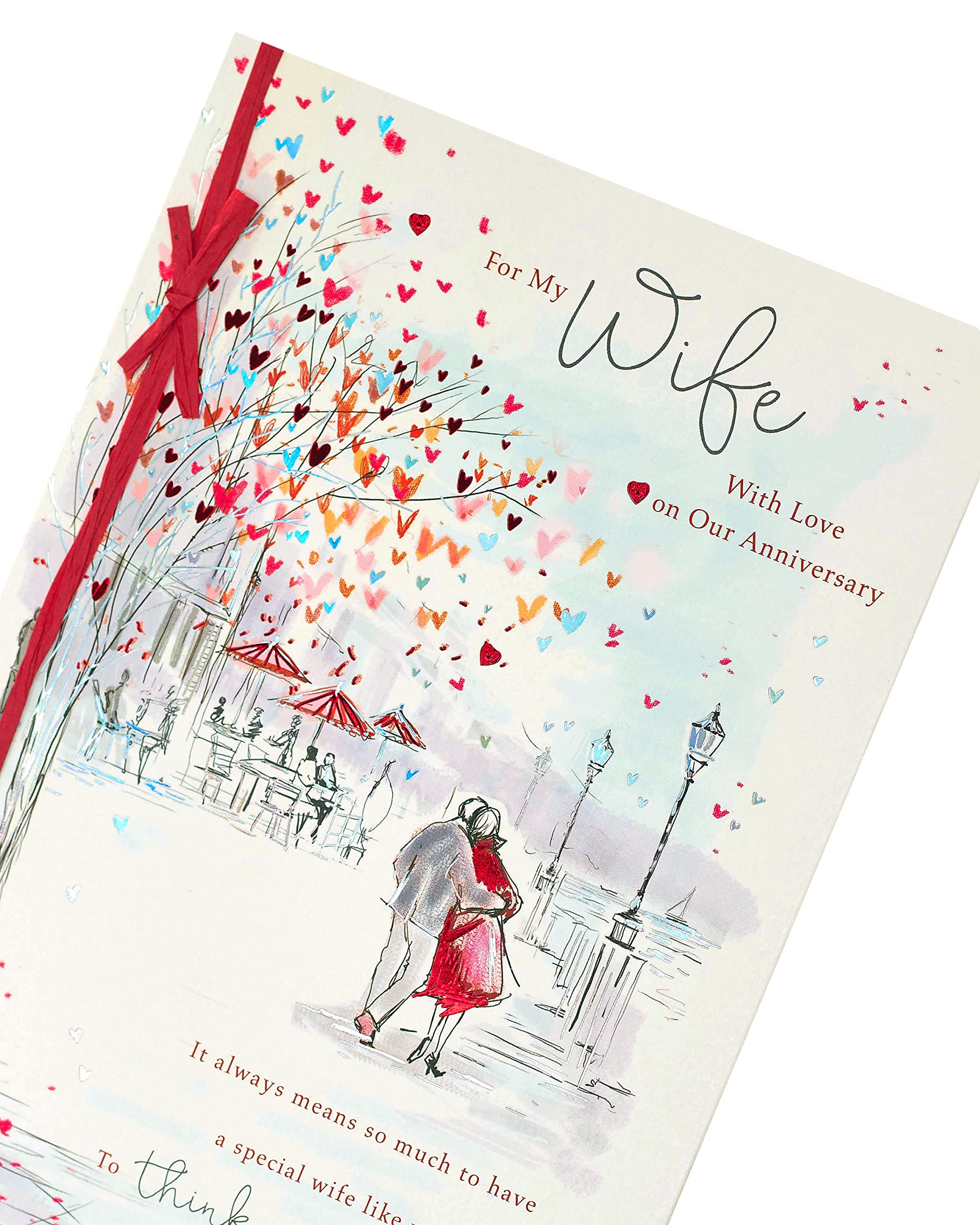 UK Greetings Anniversary Card for Wife | Heartfelt Design with Red Foil & Bow | FSC Certified 4