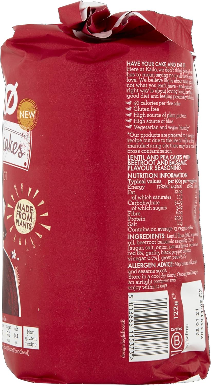 Kallo Beetroot & Balsamic Veggie Cakes, Lentil & Pea Puffed Crackers – 122g