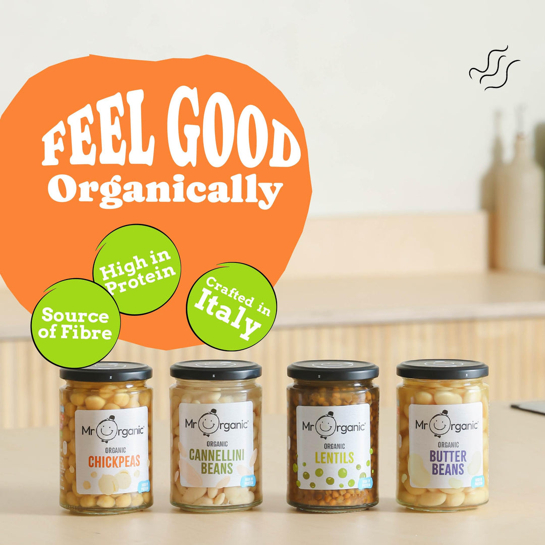 Mr Organic Butter Beans - Organic, High Protein & Fibre, Ready-to-Eat Tinned Legumes in Glass Jar