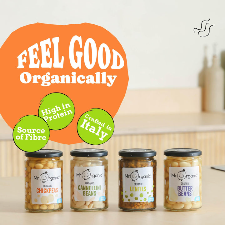 Mr Organic Butter Beans - Organic, High Protein & Fibre, Ready-to-Eat Tinned Legumes in Glass Jar