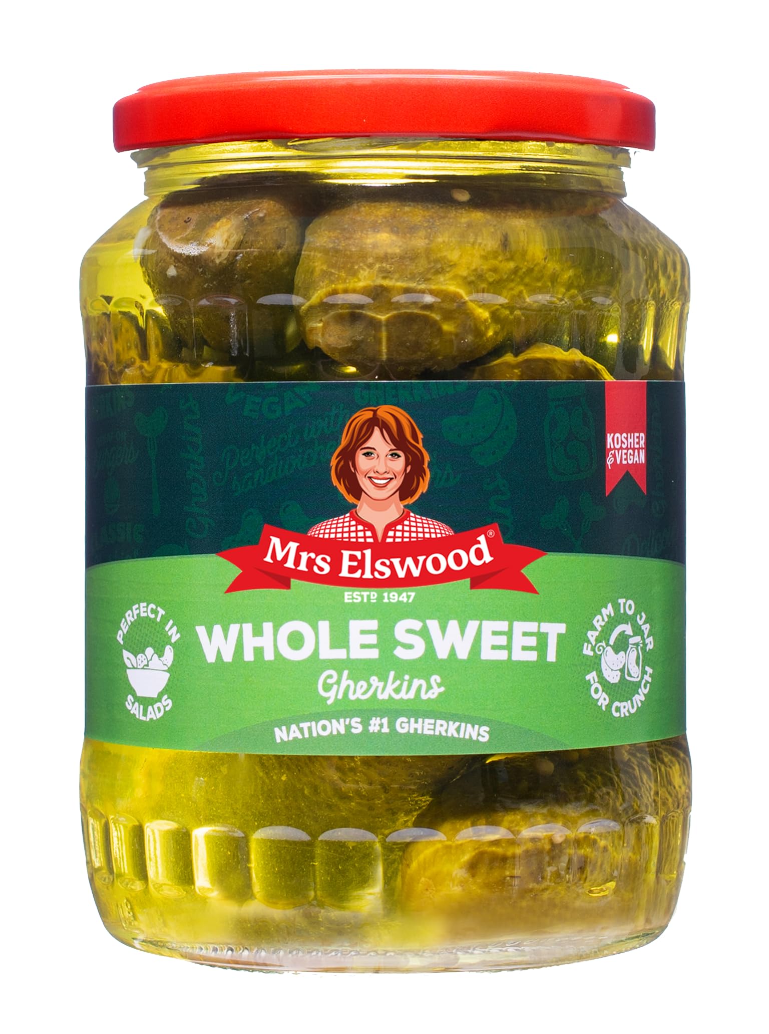 Mrs Elswood Whole Sweet Cucumbers - Pickled Gherkins for Sandwiches & Burgers | 670g Jar 1